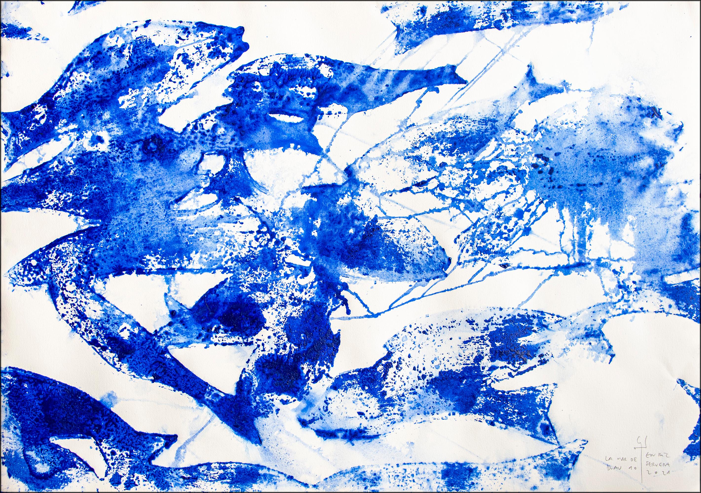 Enric Servera Animal Painting - Sea of Blues N10, Abstract Blue and White Fish Patterns, Mediterranean Style 