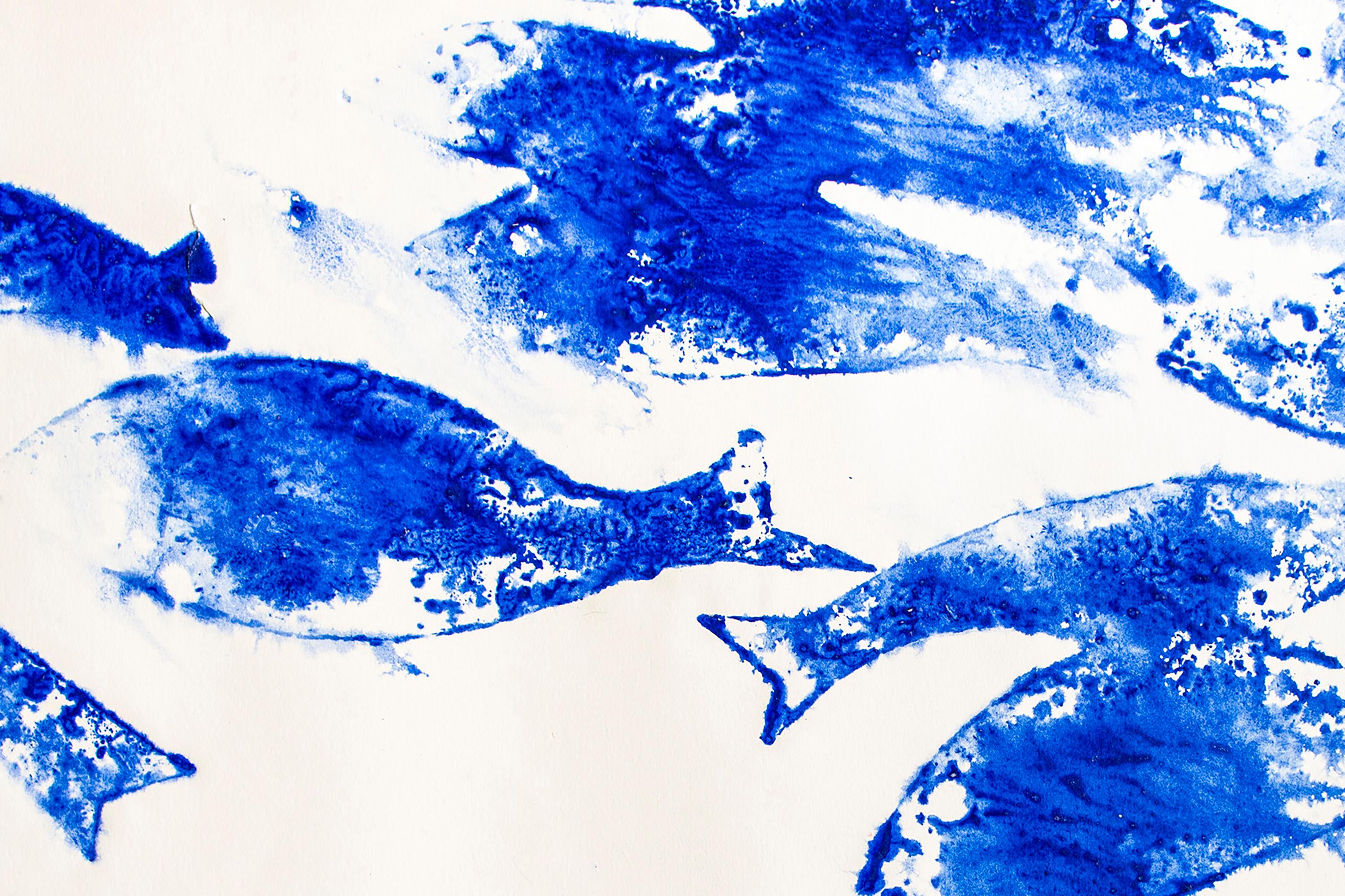 Sea of Blues N7, Abstract Blue and White Fish Patterns, Mediterranean Style  For Sale 1