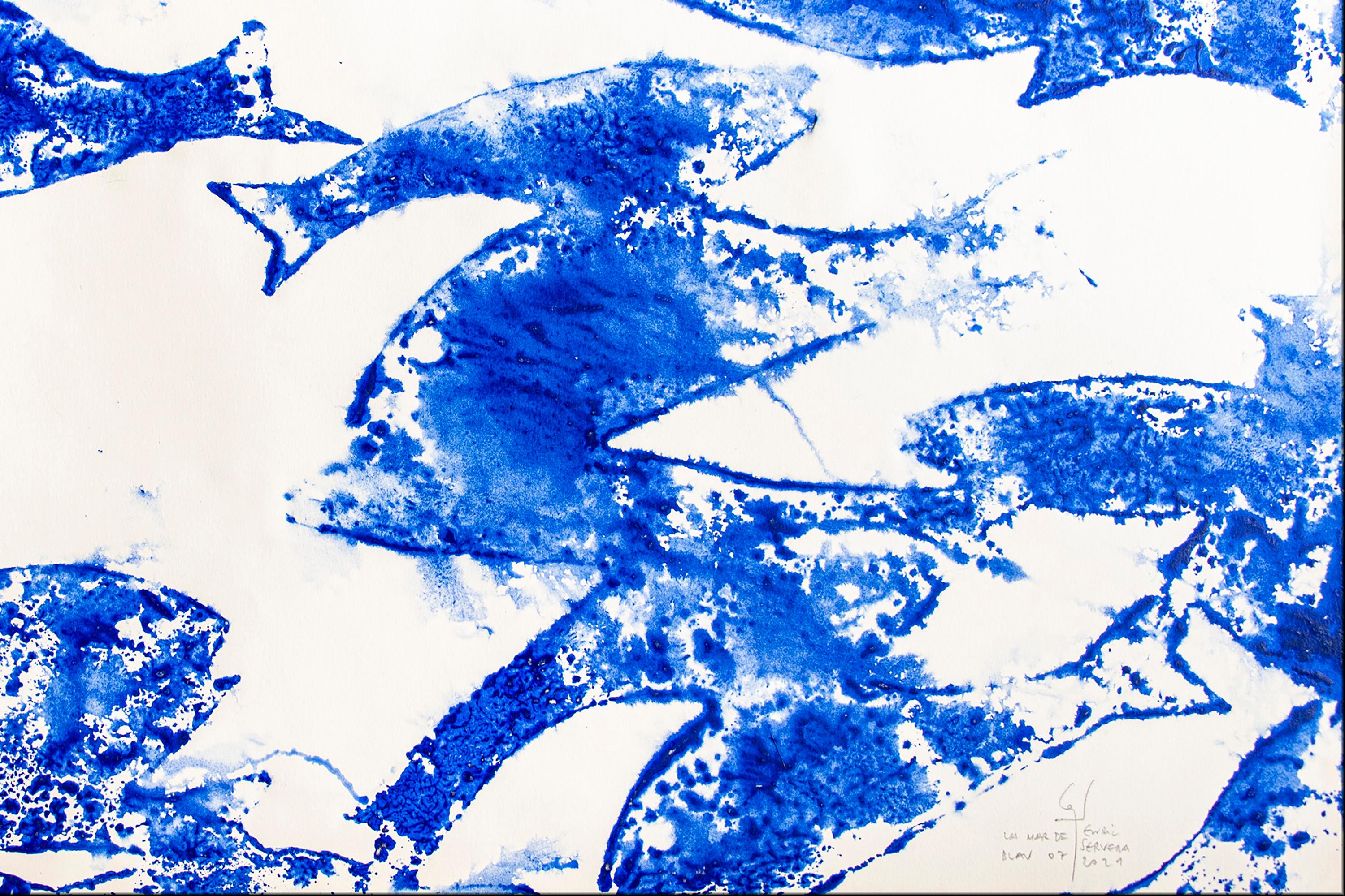 Sea of Blues N7, Abstract Blue and White Fish Patterns, Mediterranean Style  For Sale 3