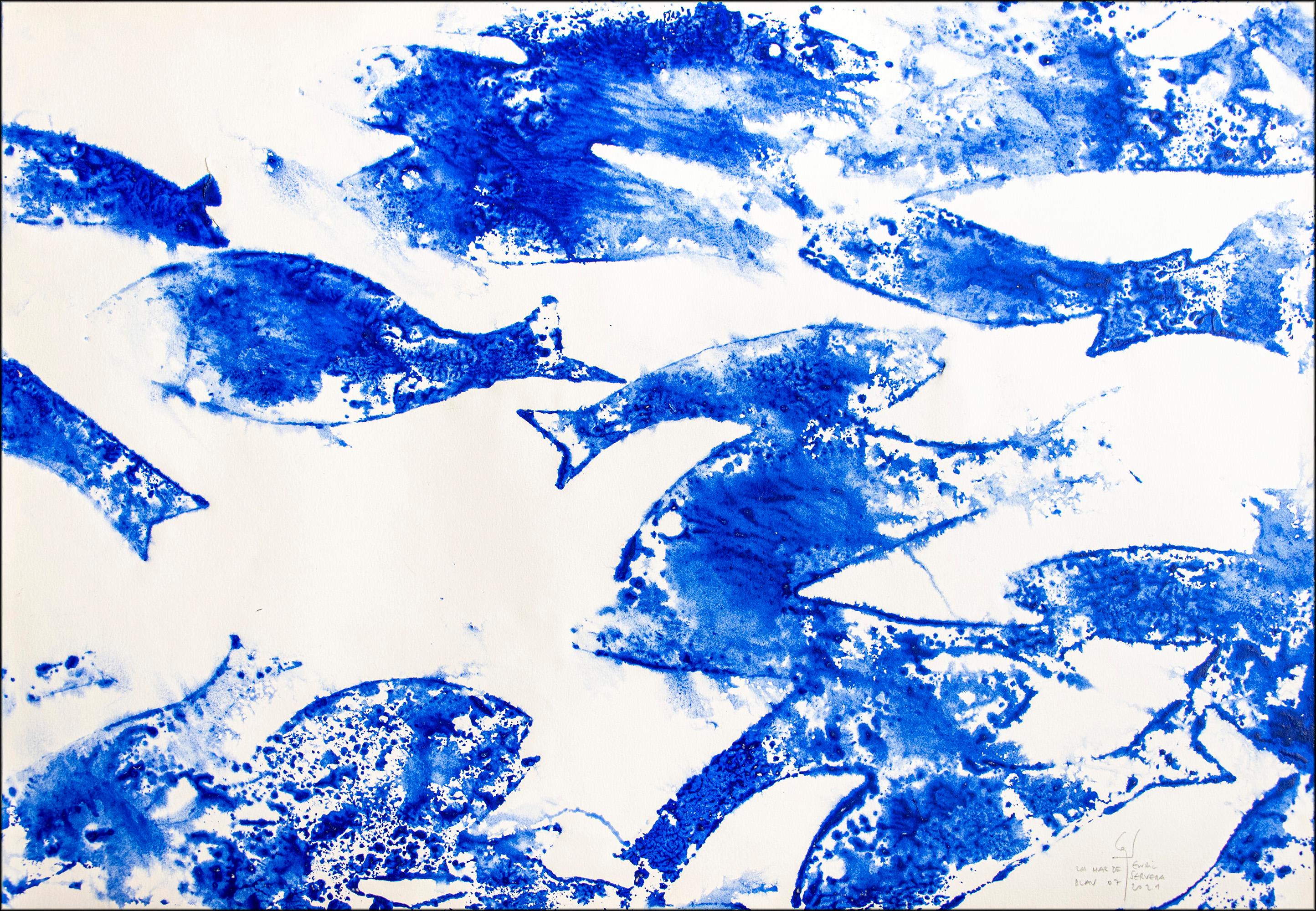 Enric Servera Abstract Painting - Sea of Blues N7, Abstract Blue and White Fish Patterns, Mediterranean Style 