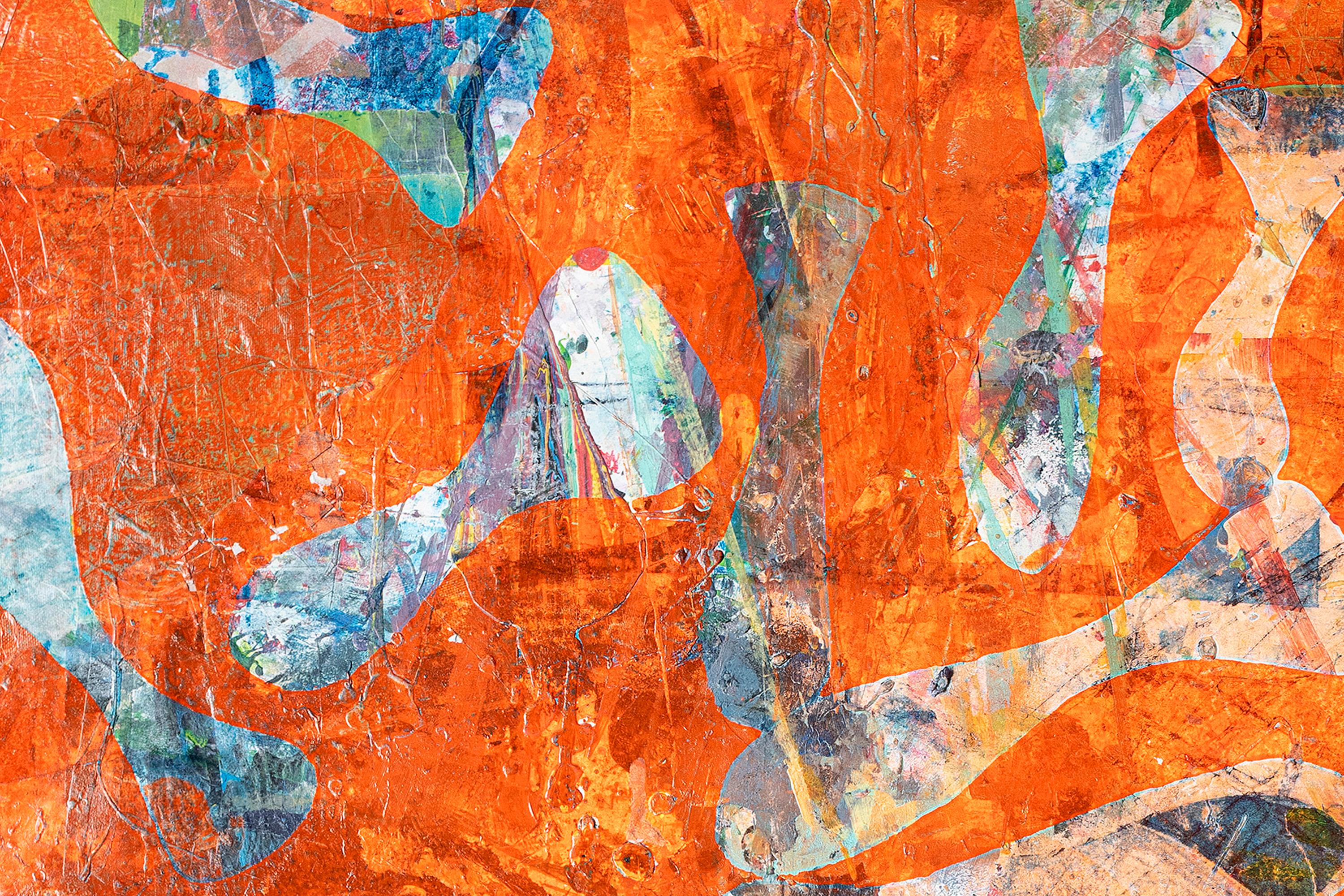 Paesaggio marino, motivi geometrici astratti di pesci, monostampa arancione su carta - Painting Astratto di Enric Servera