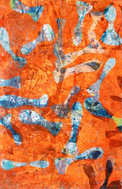 Paisaje marino, Motivos geométricos abstractos de peces, Monoimpresión naranja sobre papel