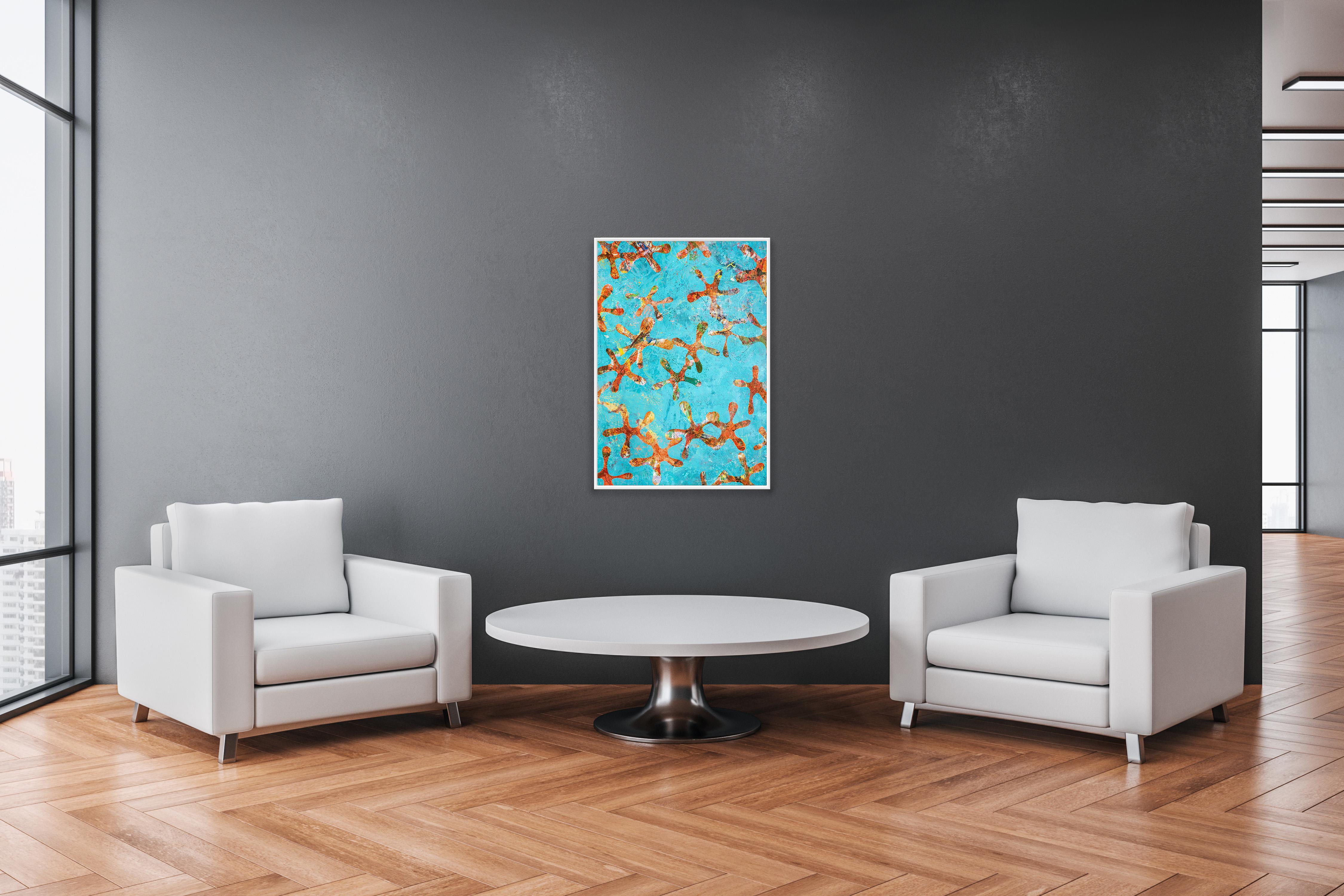 Starfish Universes, Blue and Orange Patterns, Acrylic Painting on Paper, Abtract For Sale 1