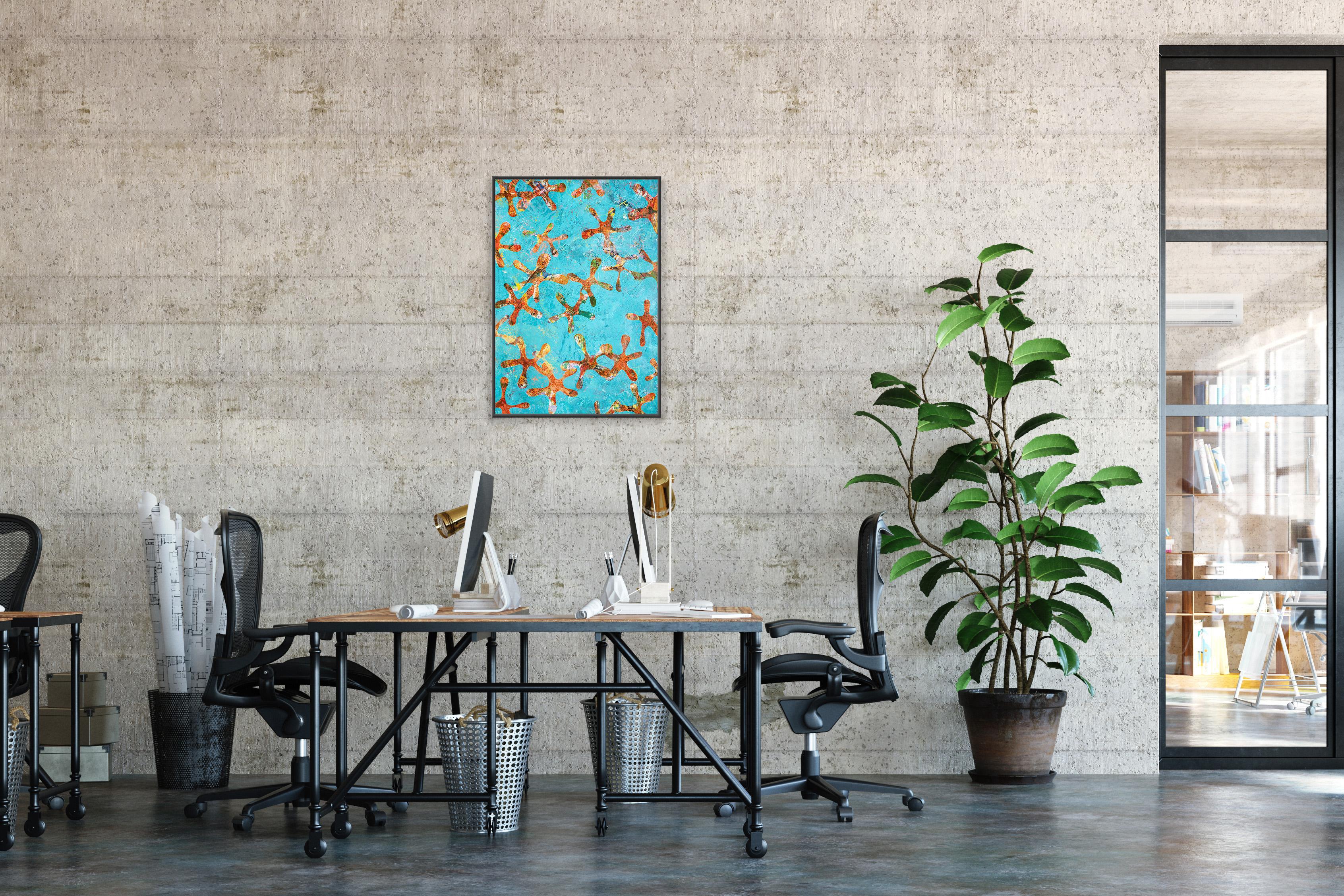 Starfish Universes, Blue and Orange Patterns, Acrylic Painting on Paper, Abtract For Sale 5