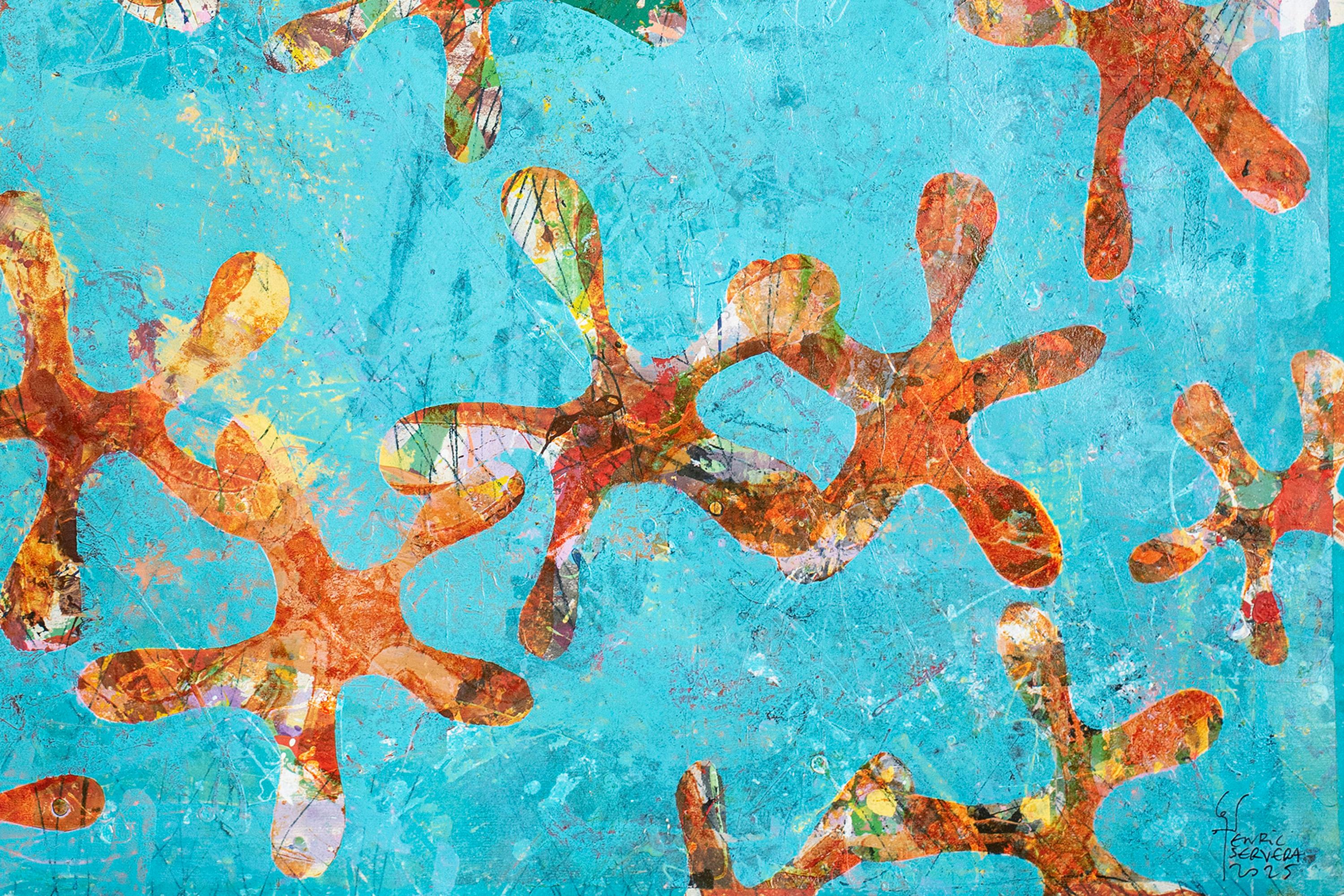 Starfish Universes, Blue and Orange Patterns, Acrylic Painting on Paper, Abtract For Sale 6