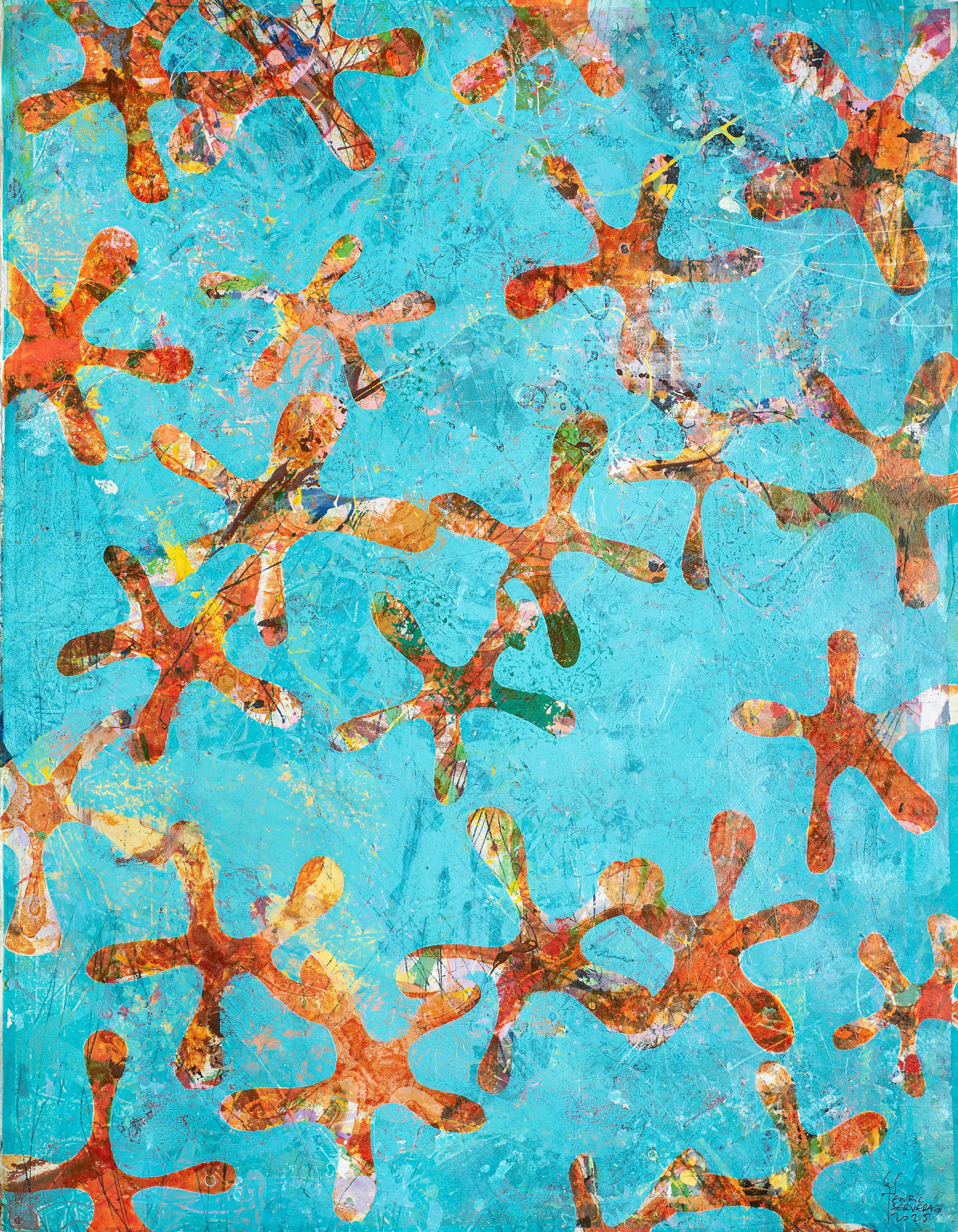 Universi di stelle marine, motivi blu e arancioni, Pittura acrilica su carta, Abtract