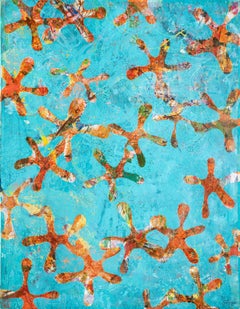 Universos de Estrellas de Mar, Patrones Azules y Naranjas, Pintura Acrílica sobre Papel, Abtract