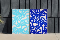 Turquoise and Nocturnal Marina, Modern Seascape Diptych in Blue Tones, Organic