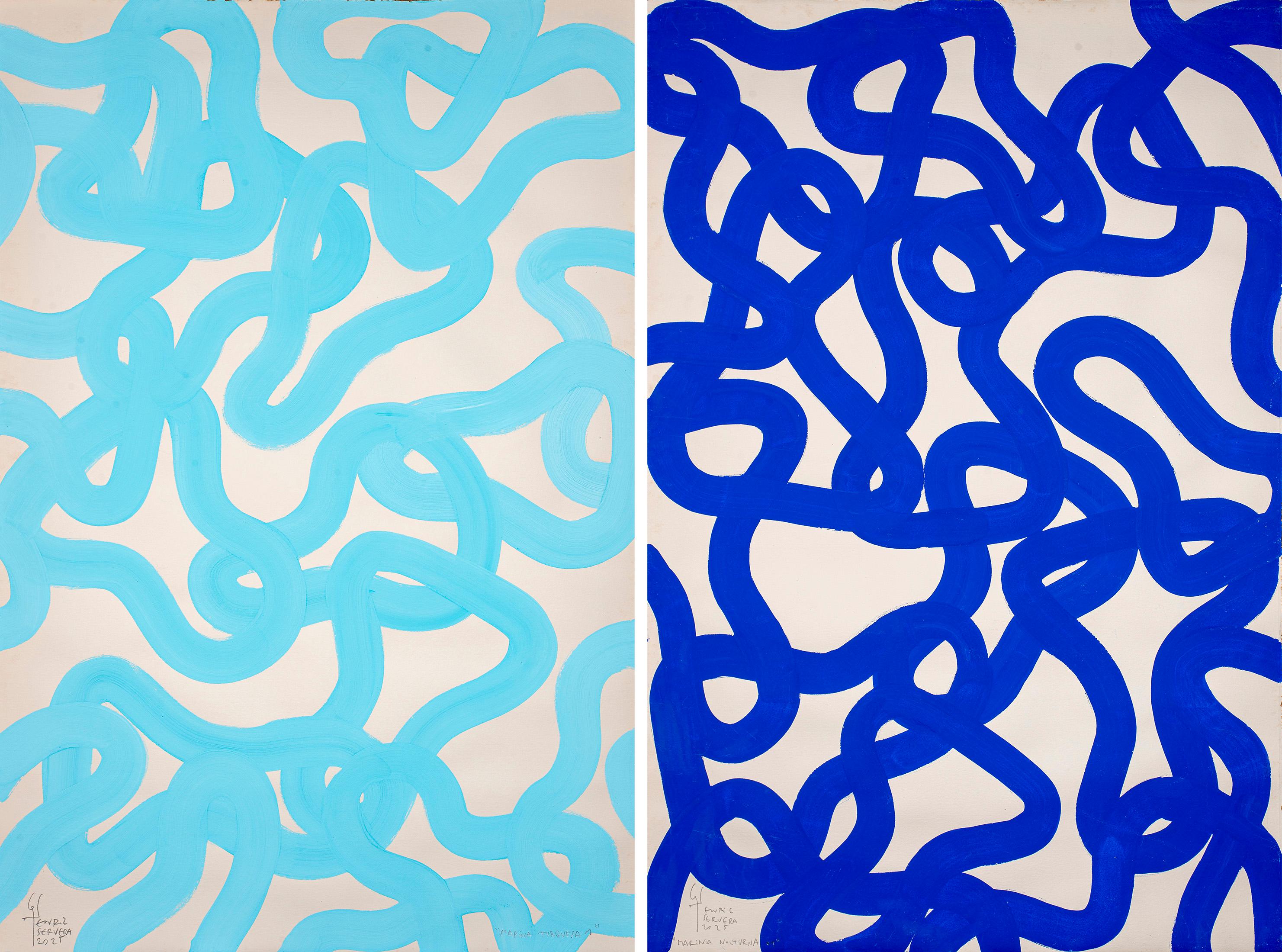 Enric Servera Abstract Painting – Türkisfarbene und nächtliche Marina, modernes Diptychon in Blautönen, organisch