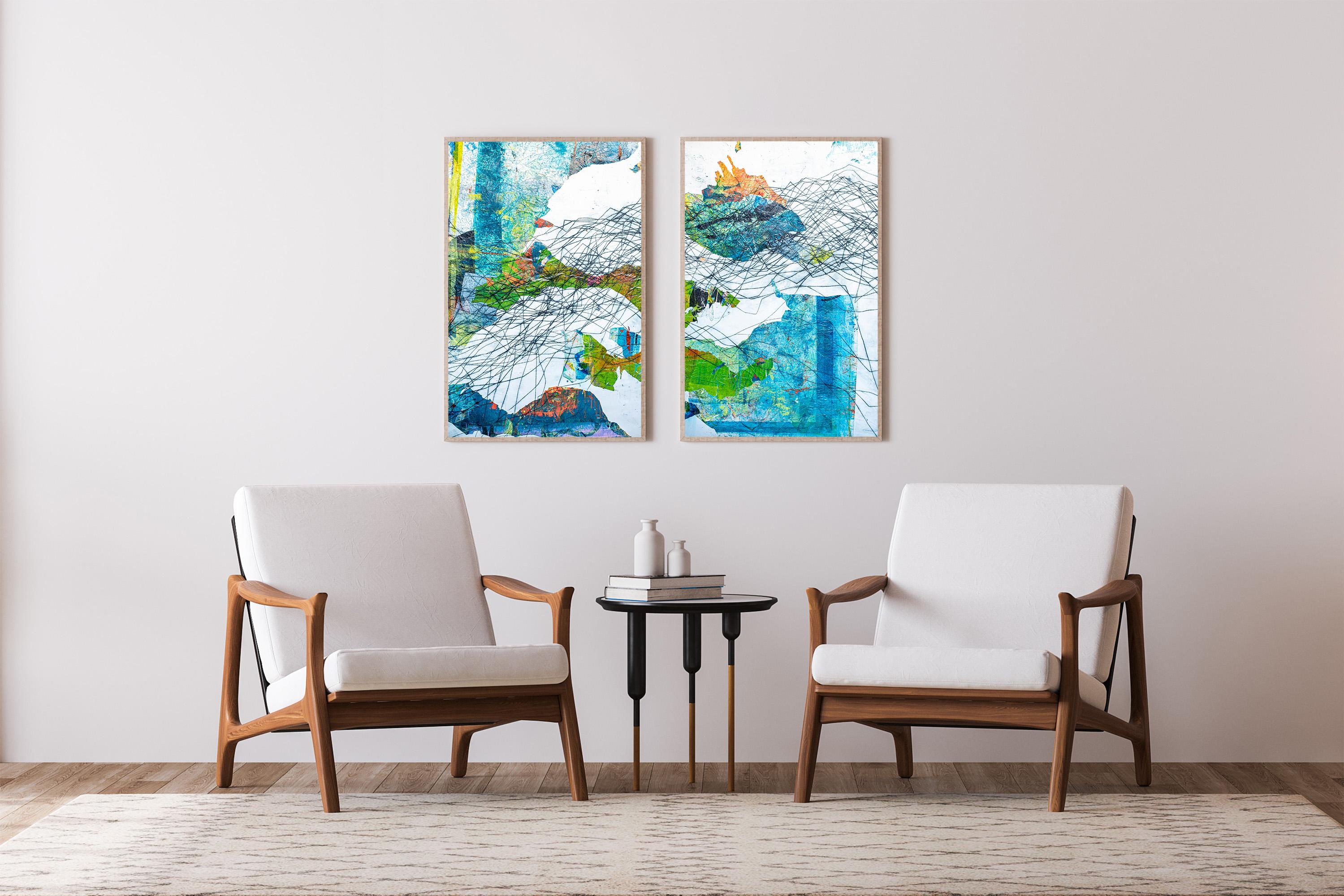 Unusual Seascape, Contemporary Marine Diptych, Mixed Media Cartography on Paper - Painting by Enric Servera
