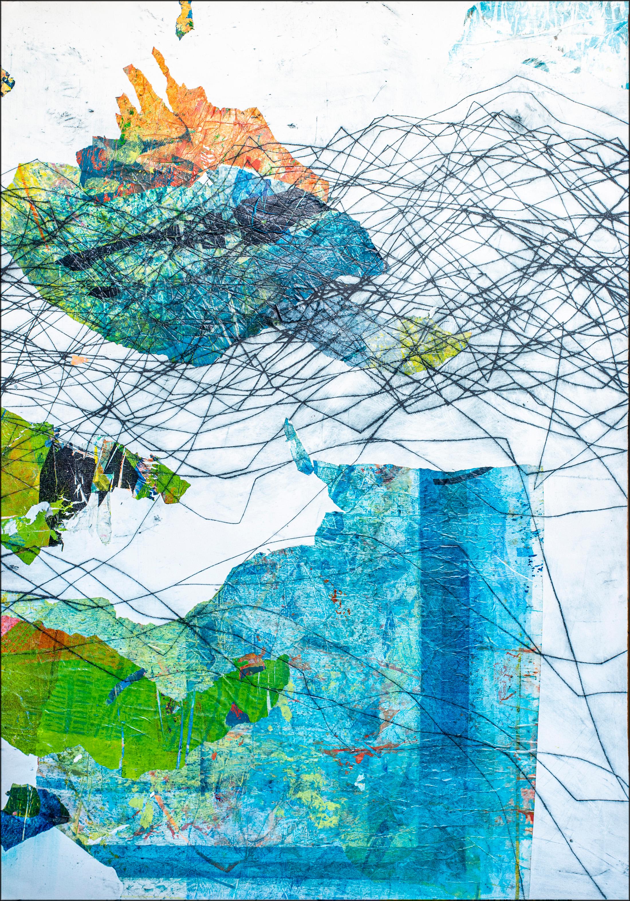 Unusual Seascape is a striking mixed-media diptych that reimagines the ocean as an abstract cartography of color, texture, and movement. Layers of vibrant blues, greens, and fiery orange tones collide with intricate linear gestures, evoking tidal
