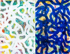 White and Blue Diptych, Gestual Abstraction School of Fish, Modern Seascape Fish
