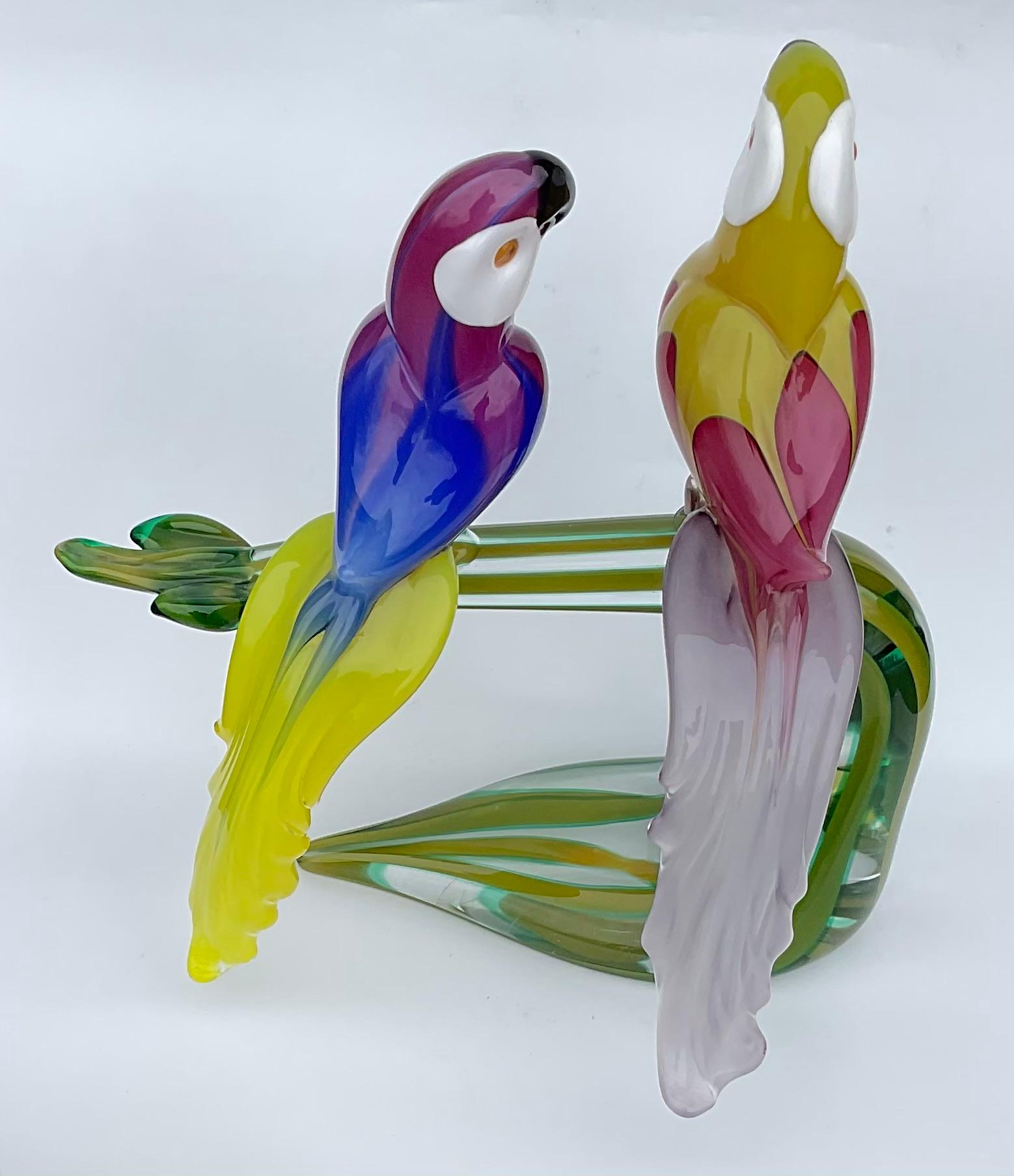 Italian Enricco Cammozzo Colorful Murano Art Glass Bird Pair Sculpture artist signed  For Sale