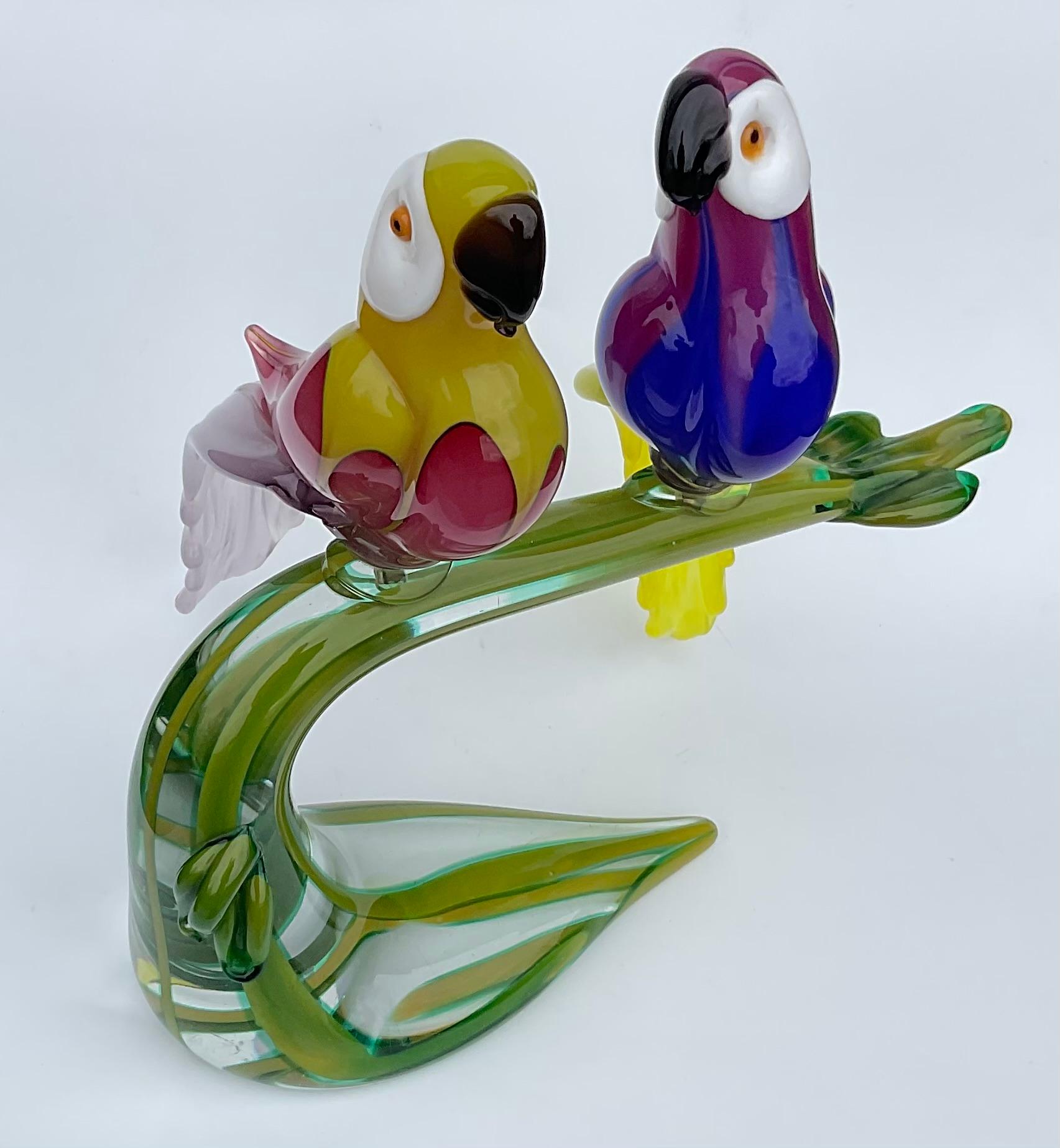 Late 20th Century Enricco Cammozzo Colorful Murano Art Glass Bird Pair Sculpture artist signed  For Sale