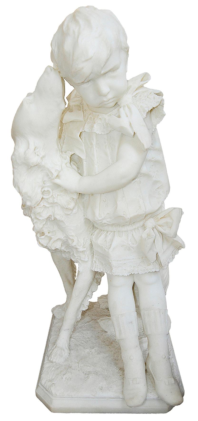 A fine quality 19th century marble statue of a young boy sitting with his dog, mounted on a Green marble pedestal. Measures: 174cm(68.5