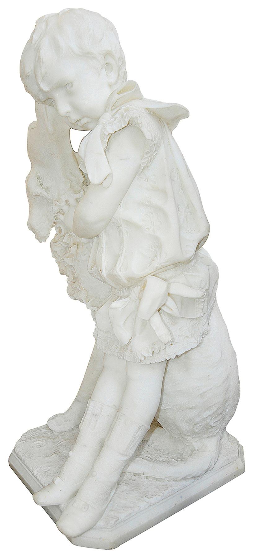 Enrico Astorri, estatua de mármol del siglo XIX de niño con perro Tallado a mano