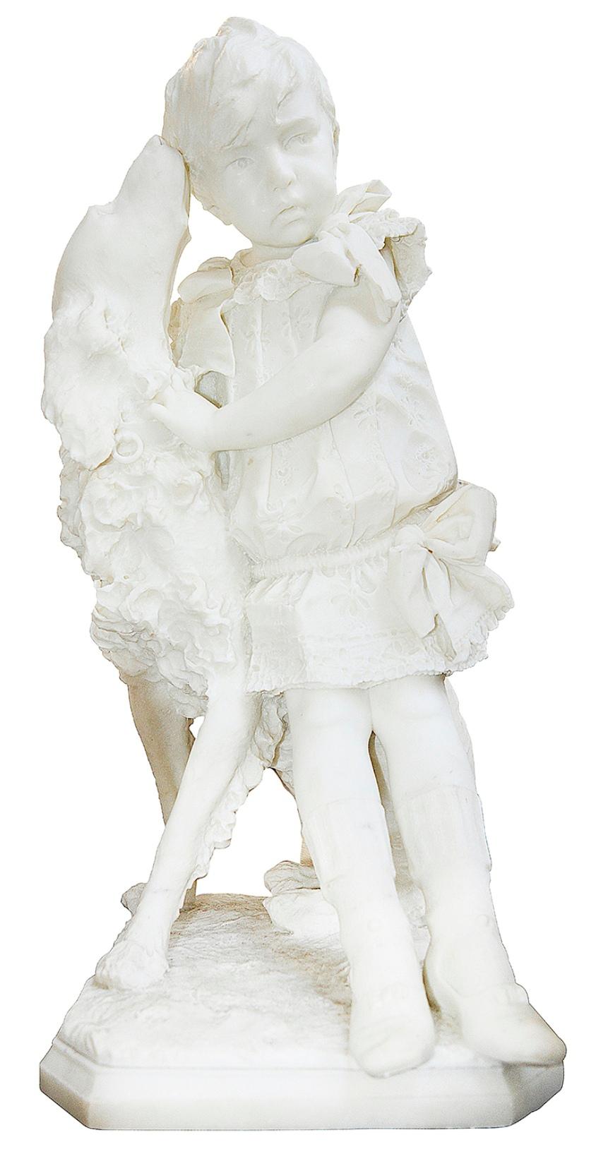 Carrara Marble Enrico Astorri, 19th Century Marble Statue of Young Boy with Dog For Sale
