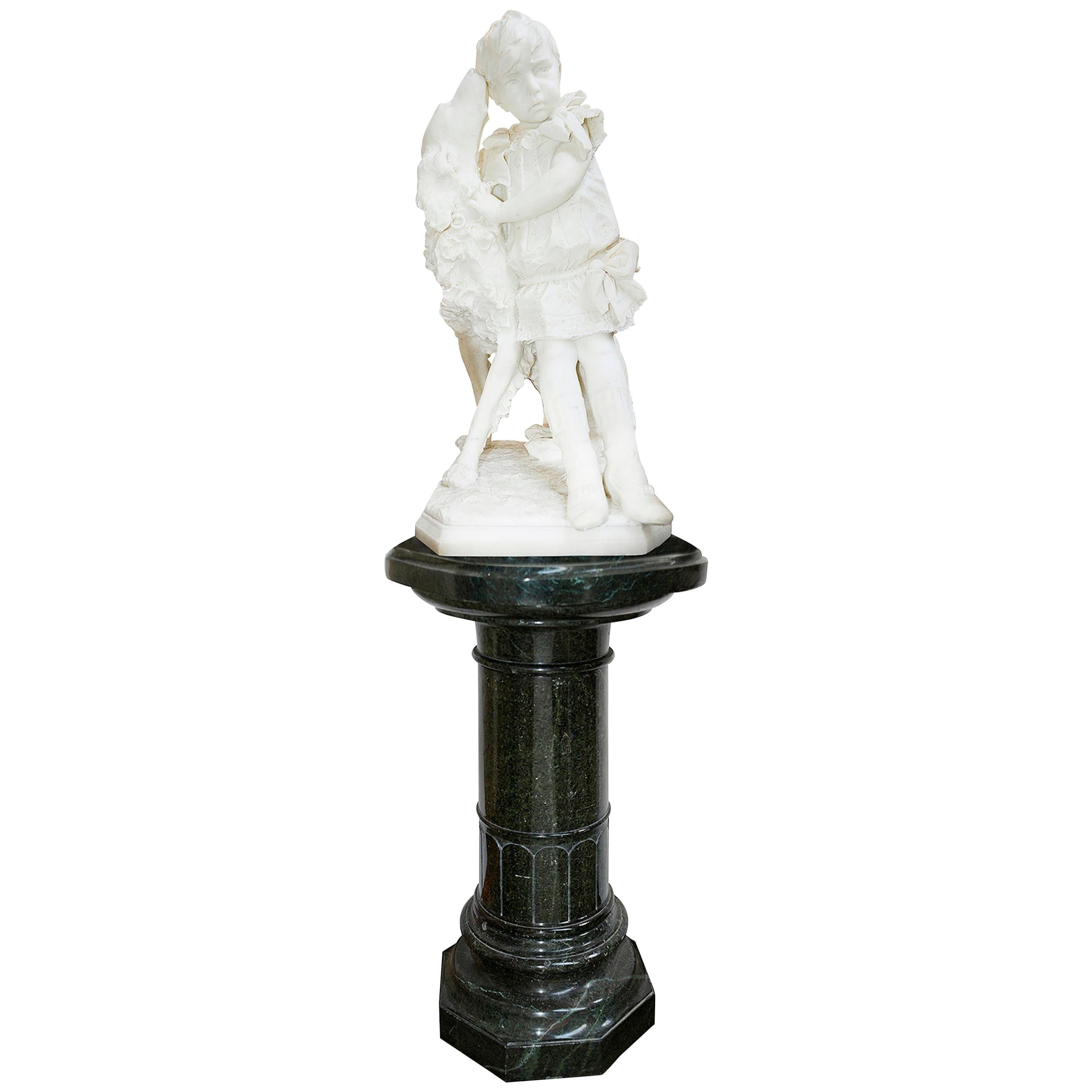 Enrico Astorri, 19th Century Marble Statue of Young Boy with Dog For Sale