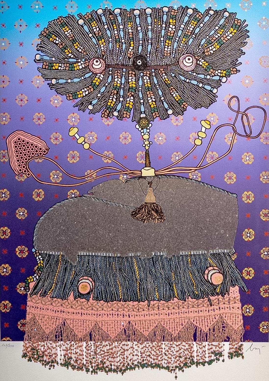 Enrico Baj (1924–2003) – Technique mixte en couleur avec collage et paillettes – 1975