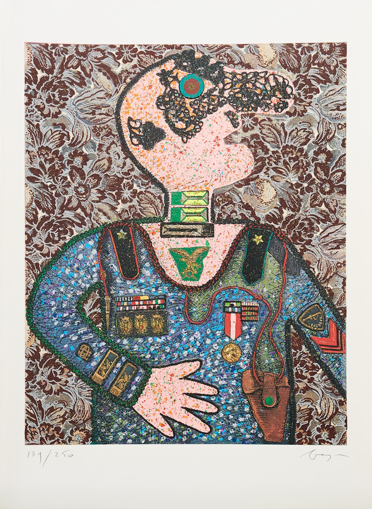 Técnica mixta polimaterial serigrafía en color sobre papel con aplicaciones y purpurina, polvo de color y flocado sobre papel hecho a mano, Editado en 1973
edición limitada en 250 ejemplares en números cardinales
Ejemplar actual numerado como: