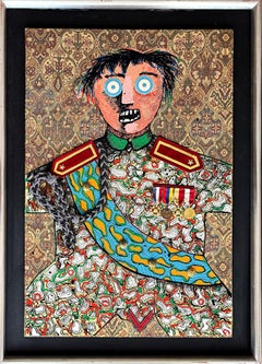 Enrico Baj ( 1924 - 2003 ) - Mischtechnik mit Passamenten und Collage auf Brokat