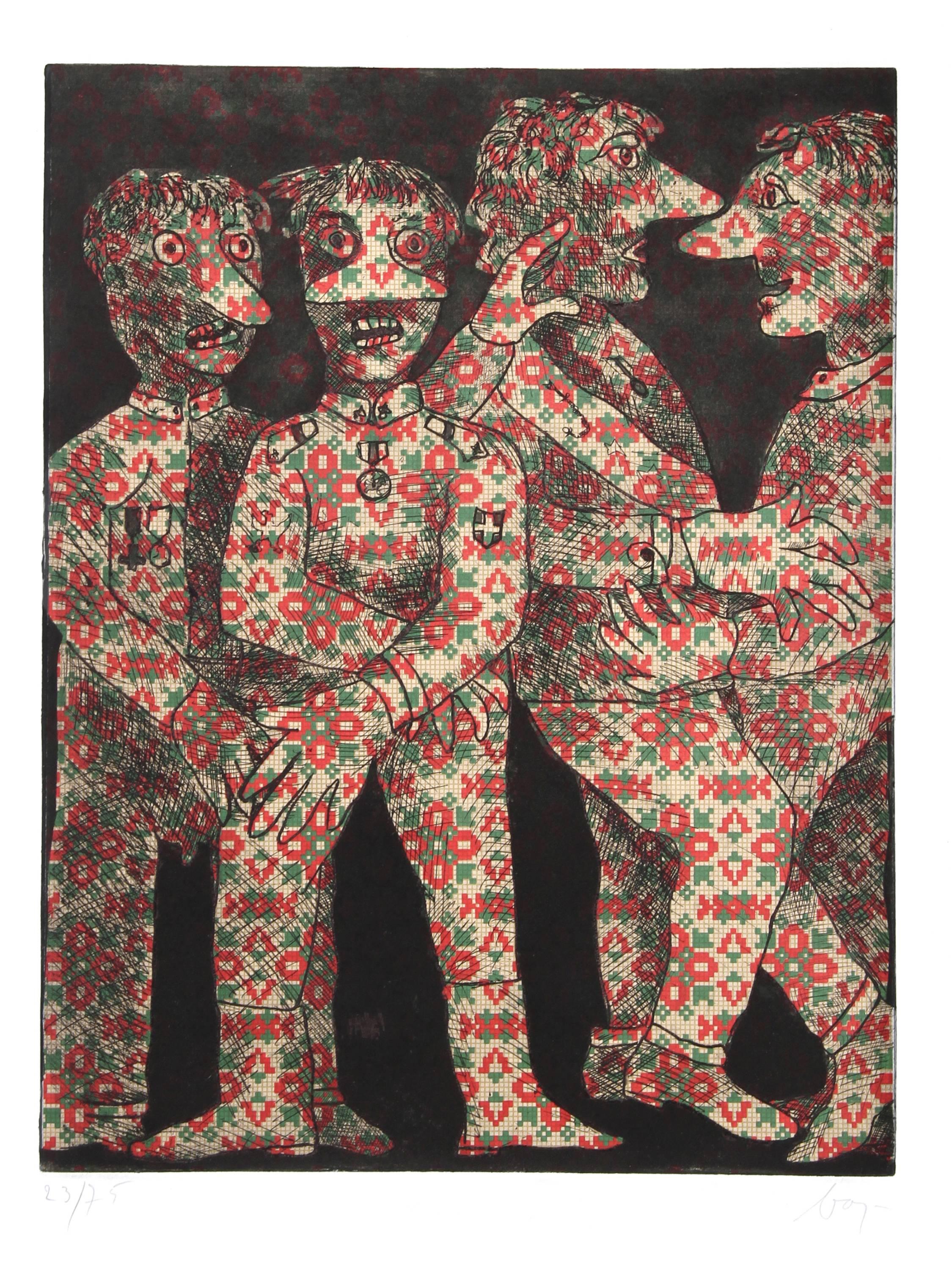 Artist: Enrico Baj, Italian (1924 - 2003)
Title: Four Dancing Military Men
Medium: Aquatint Etching, signed and numbered in pencil
Edition: 23/75
Image Size: 19.5 x 15 inches
Size: 27.5 in. x 19.5 in. (69.85 cm x 49.53 cm)
