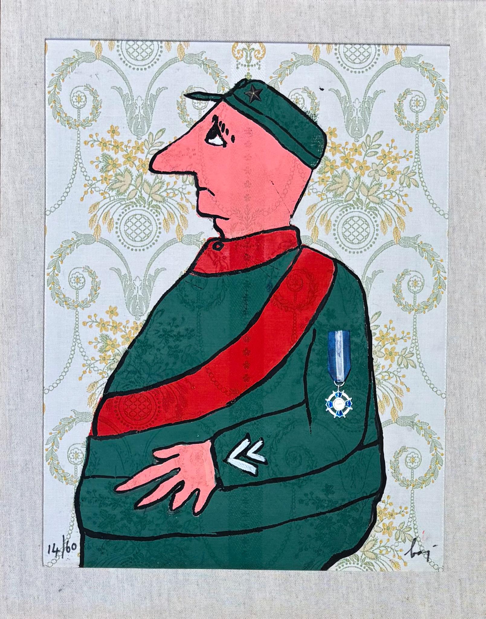Enrico Baj (1924-2003) - Caporal - Farbradierung und Collage auf Brokat - 1972 im Angebot 1