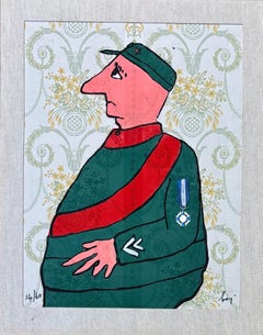 Enrico Baj (1924–2003) – Caporal – Color etching and collage on brocade – 1972
