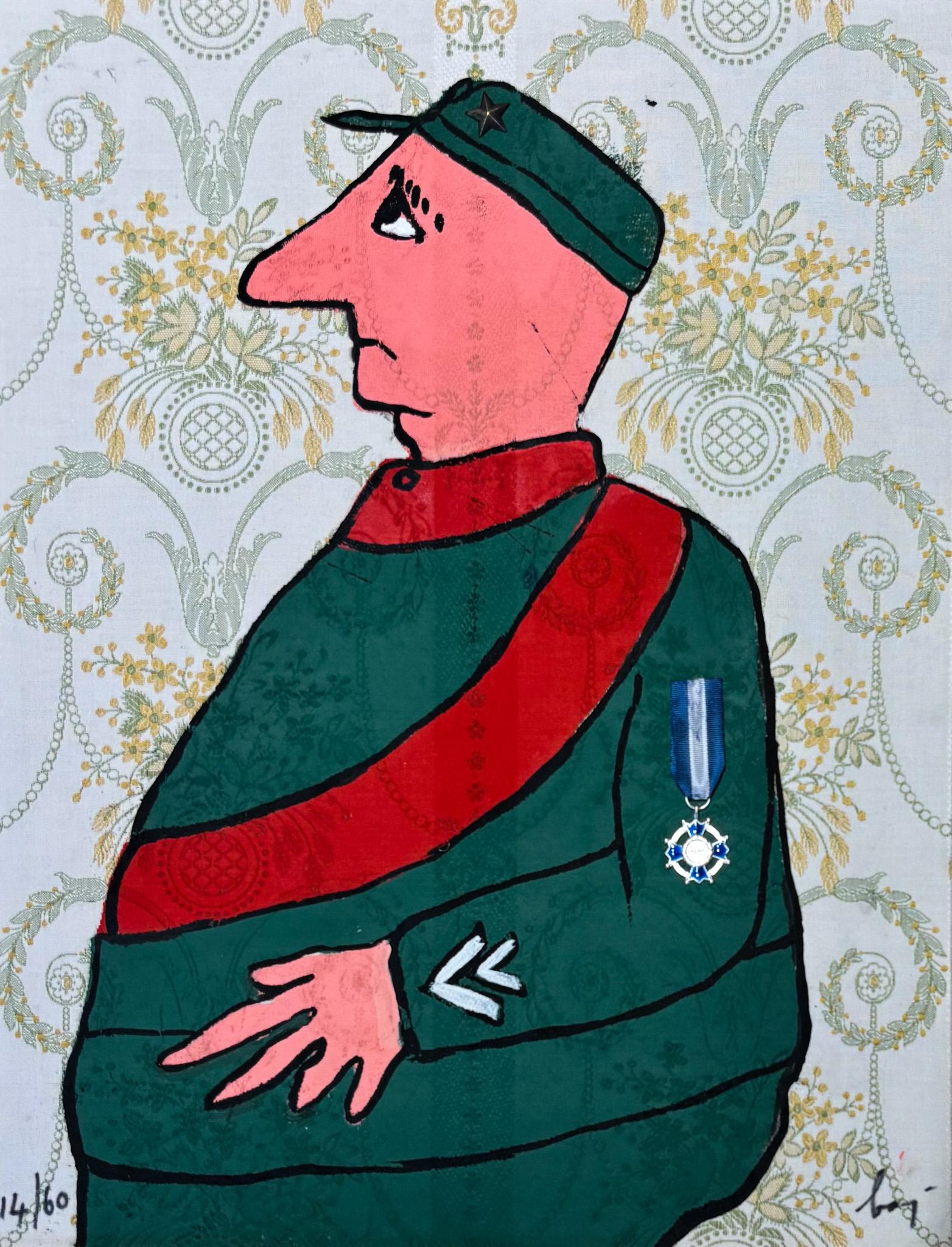 Enrico Baj (1924-2003) - Caporal - Farbradierung und Collage auf Brokat - 1972 im Angebot 2