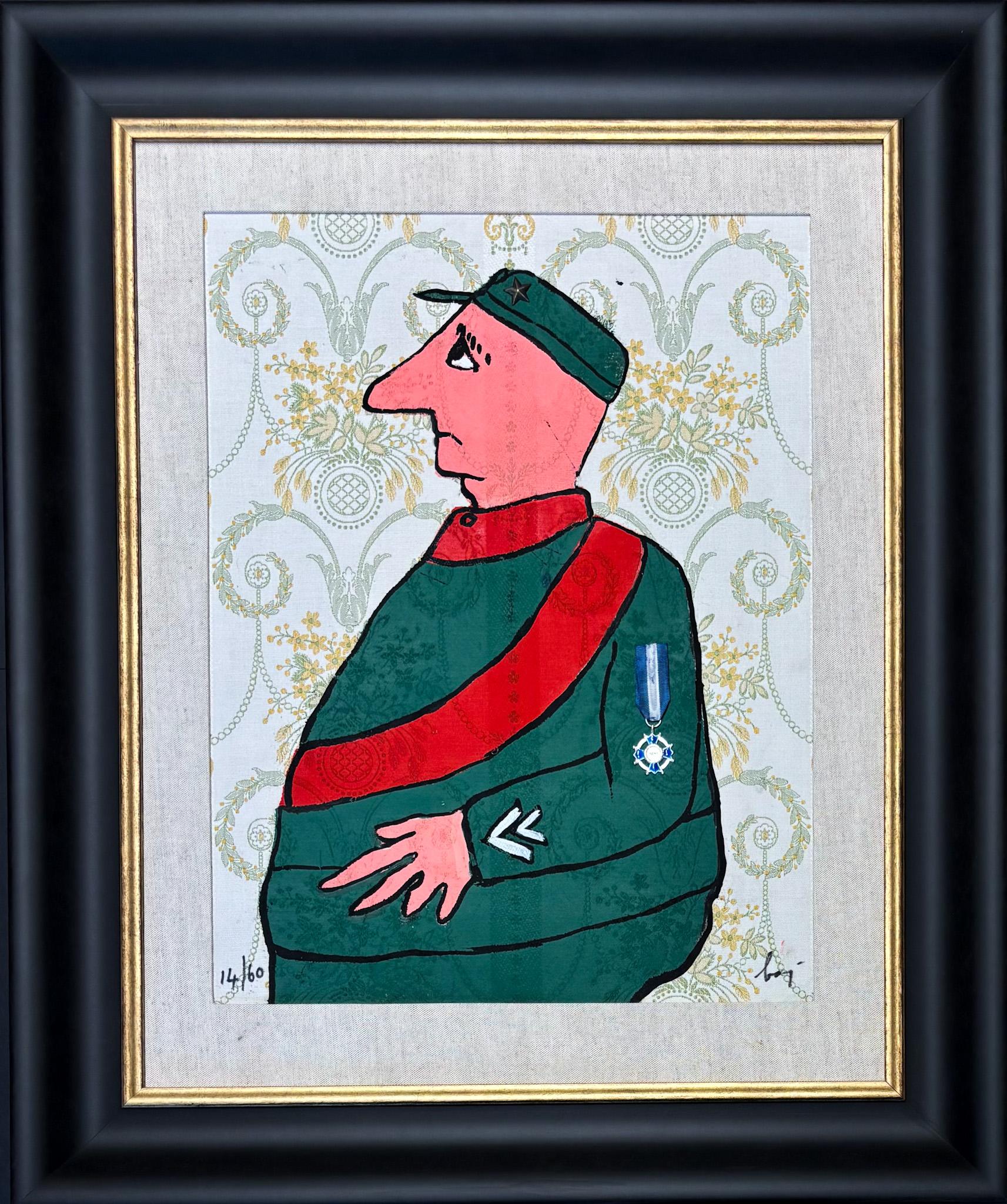 Enrico Baj (1924–2003) – Caporal – Color etching and collage on brocade – 1972