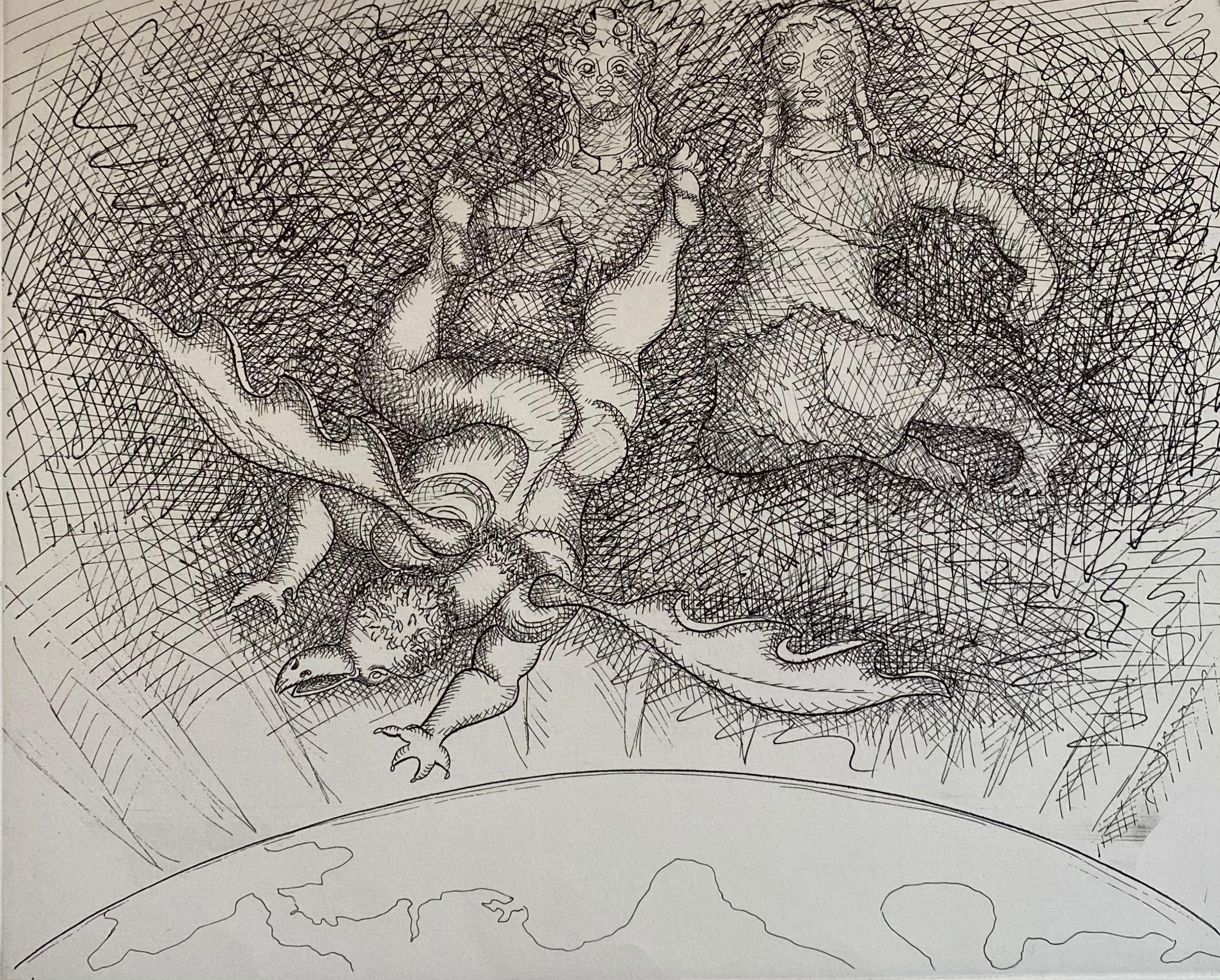 Italian Surrealist Aquatint Etching Enrico Baj Pop Art Nude Mod Cherubs Angels For Sale 1