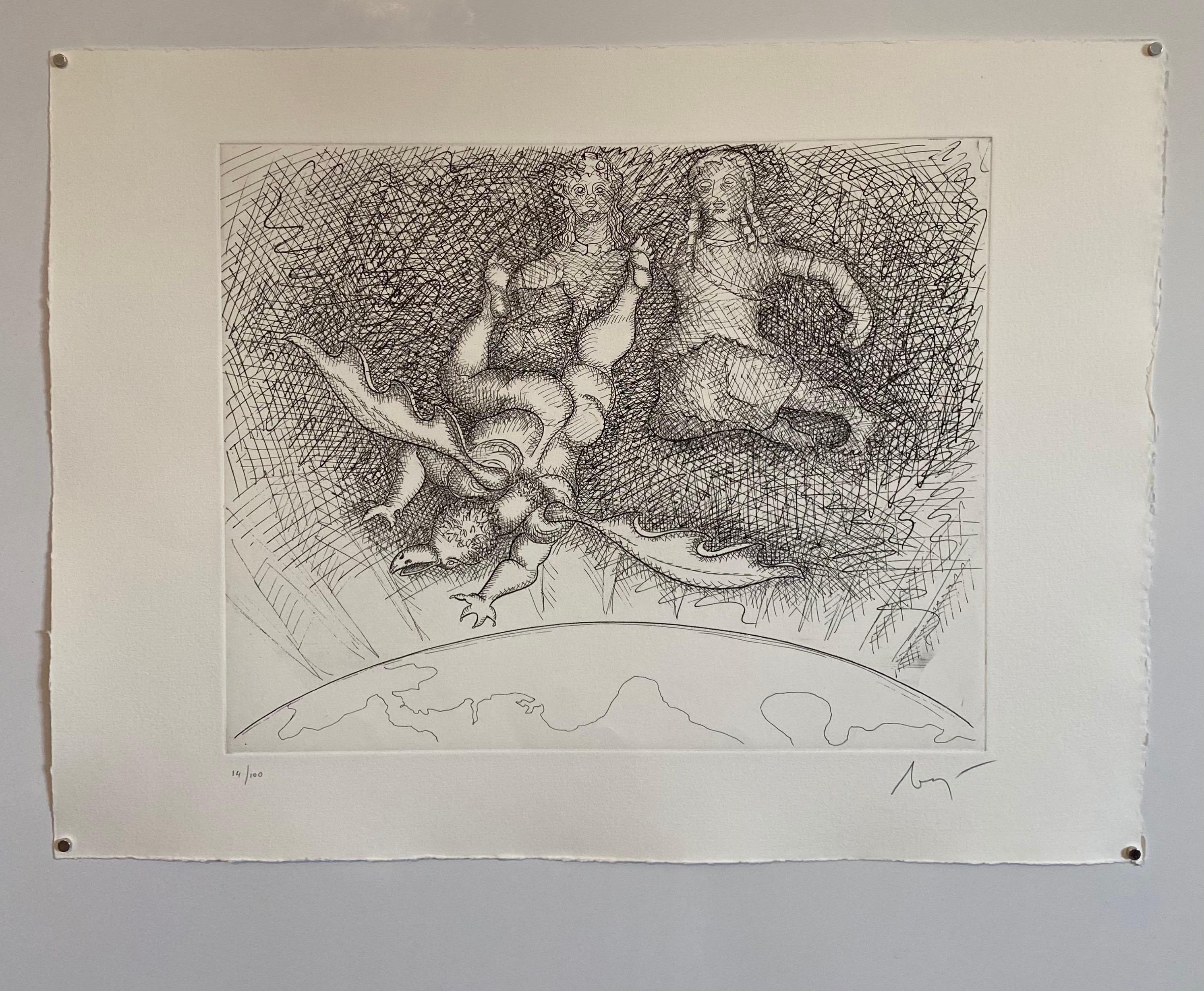 Italian Surrealist Aquatint Etching Enrico Baj Pop Art Nude Mod Cherubs Angels For Sale 2