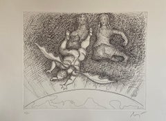 Vintage Italian Surrealist Aquatint Etching Enrico Baj Pop Art Nude Mod Cherubs Angels