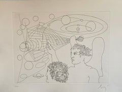 Acquatinta surrealista italiana Enrico Baj Pop Art Nudo Mod Cherubini Angeli