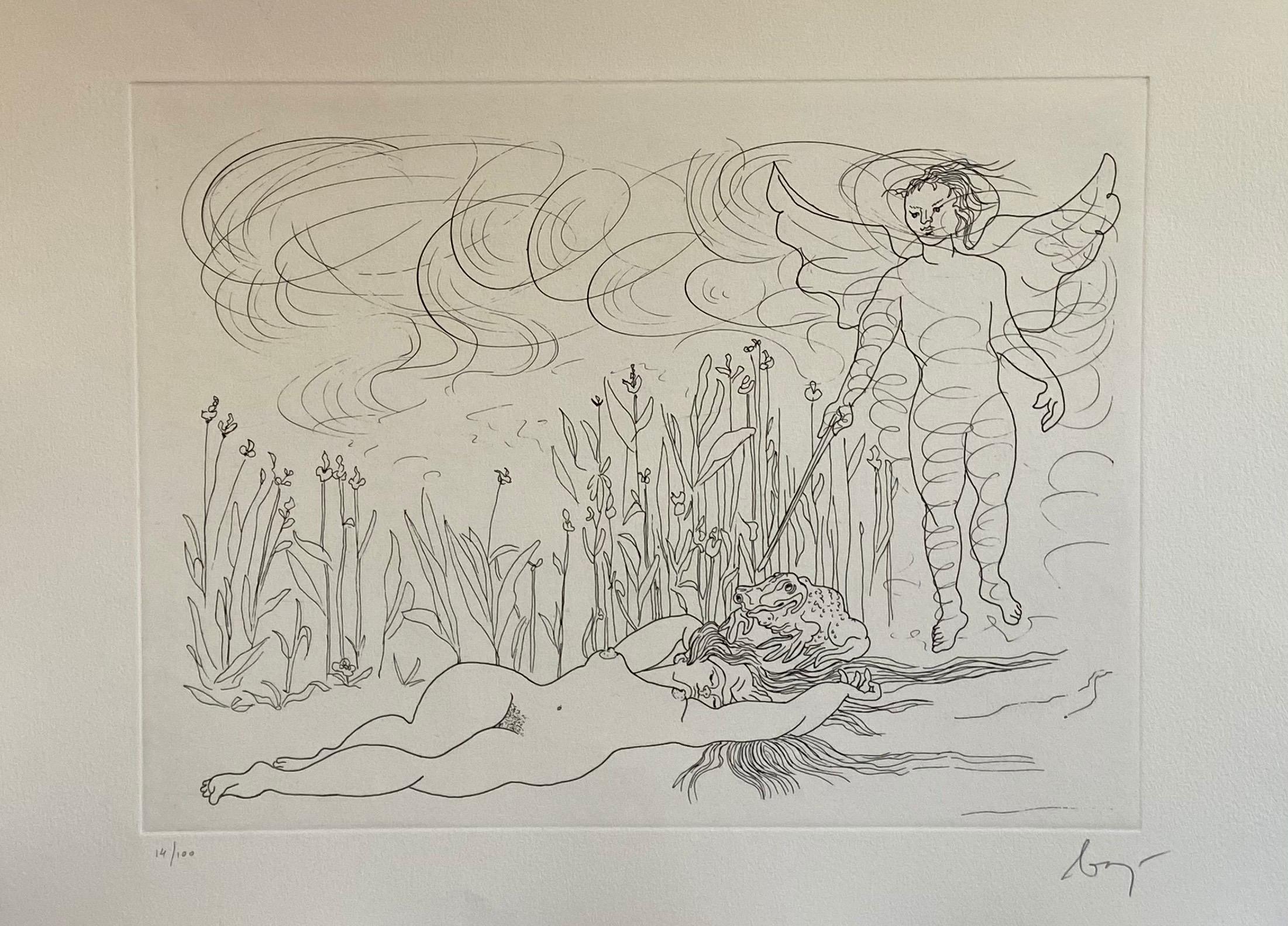 Italian Surrealist Aquatint Etching Enrico Baj Pop Art Nude Mod Cherubs Angels