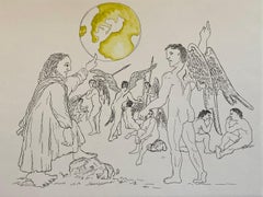 Italian Surrealist Aquatint Etching Enrico Baj Pop Art with Watercolor Painting