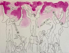 Italian Surrealist Aquatint Etching Enrico Baj Pop Art with Watercolor Painting