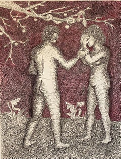 Italian Surrealist Aquatint Etching Enrico Baj Pop Art with Watercolor Painting