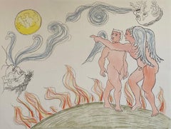 Italian Surrealist Aquatint Etching Enrico Baj Pop Art with Watercolor Painting