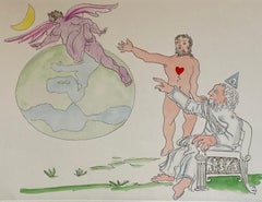 Italian Surrealist Aquatint Etching Enrico Baj Pop Art with Watercolor Painting