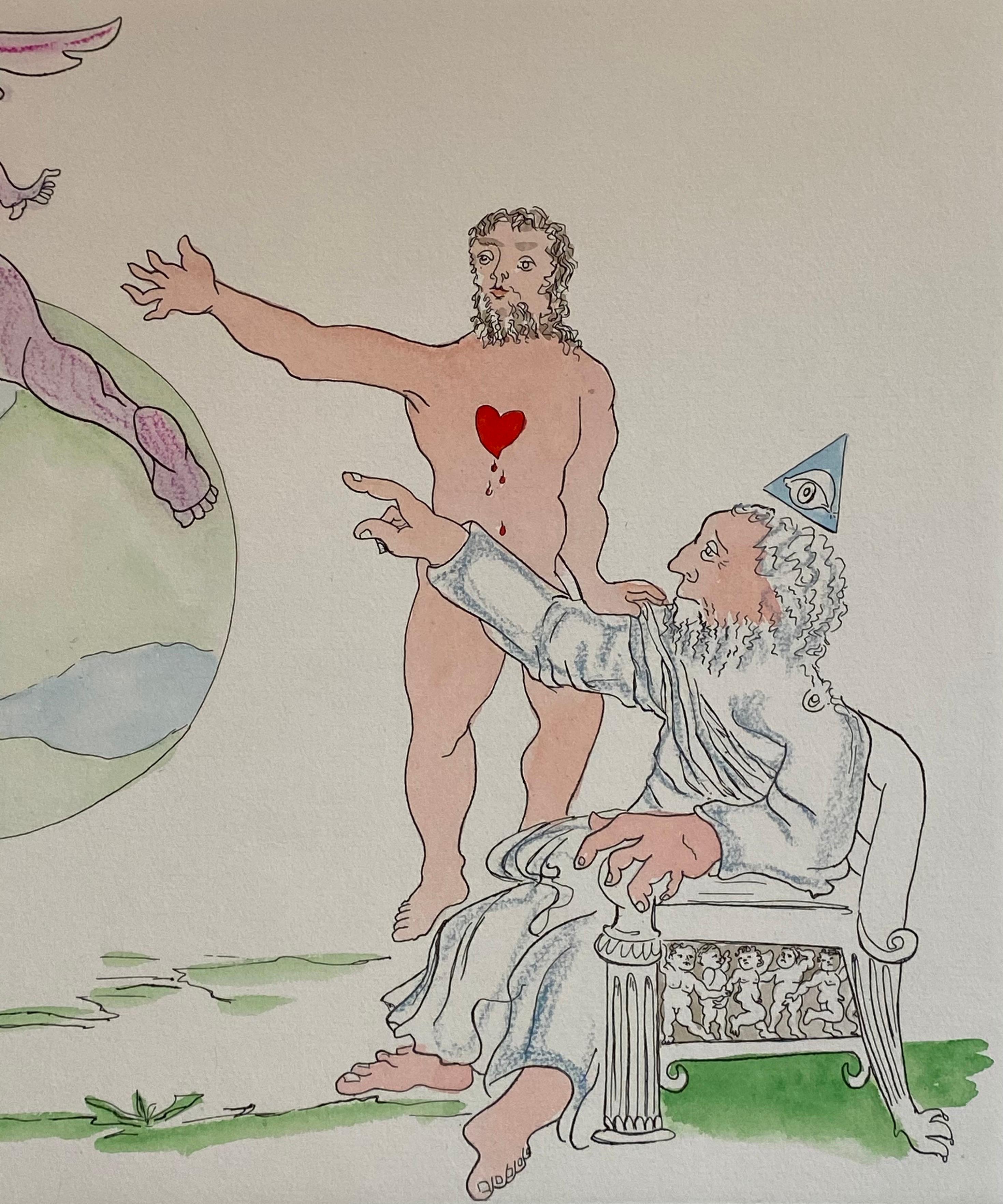 Aguafuerte Surrealista Italiano Enrico Baj Pop Art con Pintura Acuarela en venta 2