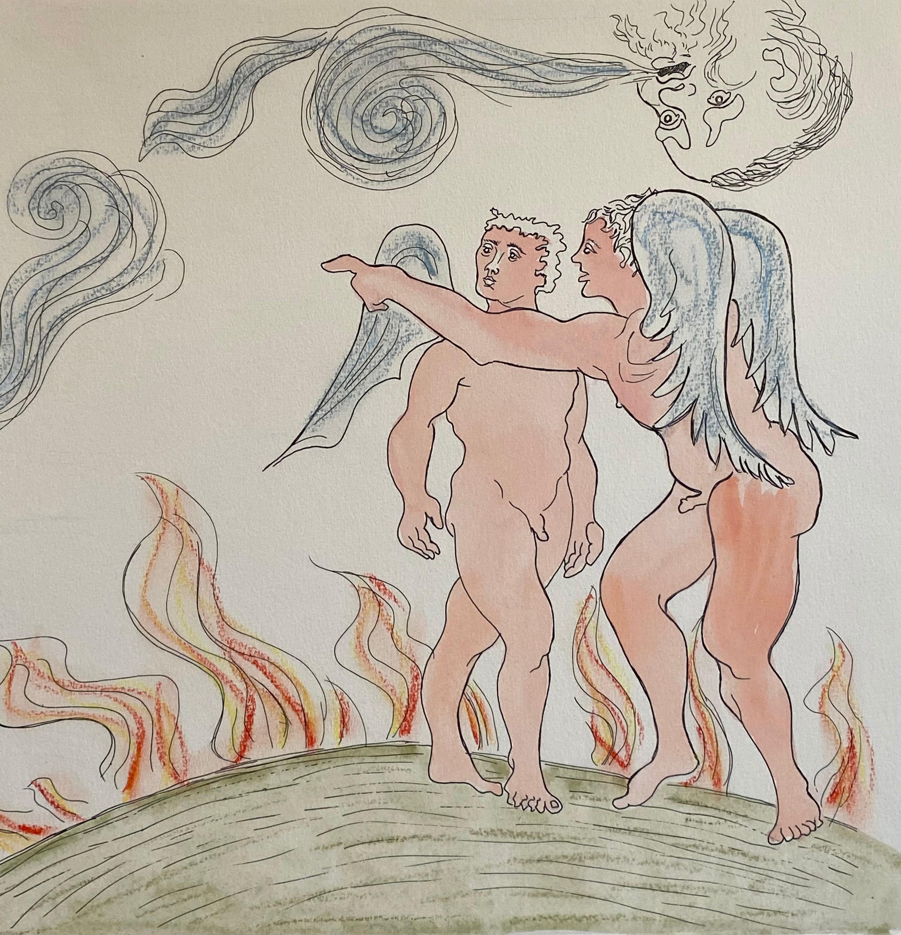 Aguafuerte Surrealista Italiano Enrico Baj Pop Art con Pintura Acuarela en venta 3