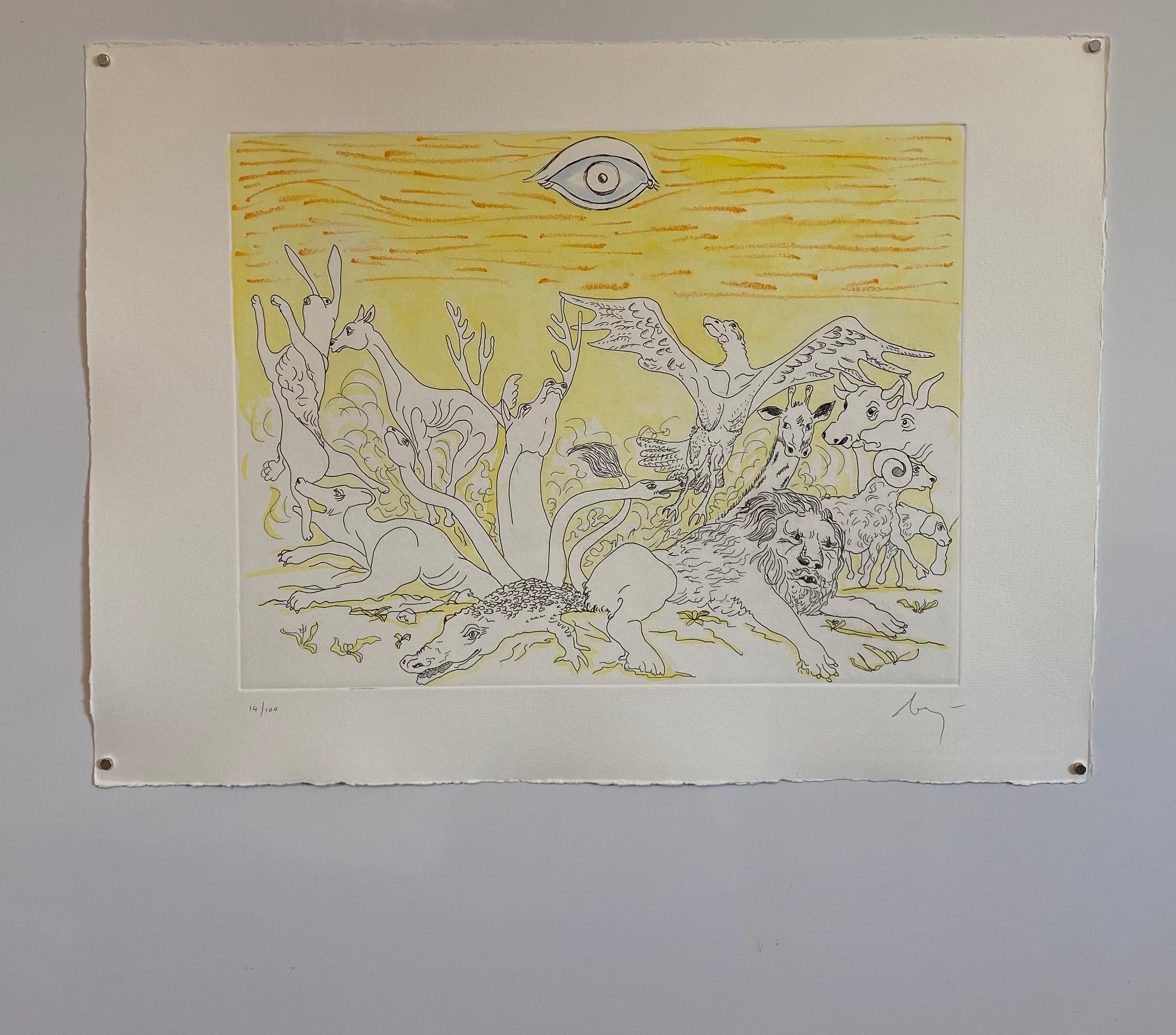 Aguafuerte Surrealista Italiano Enrico Baj Pop Art con Pintura Acuarela en venta 3