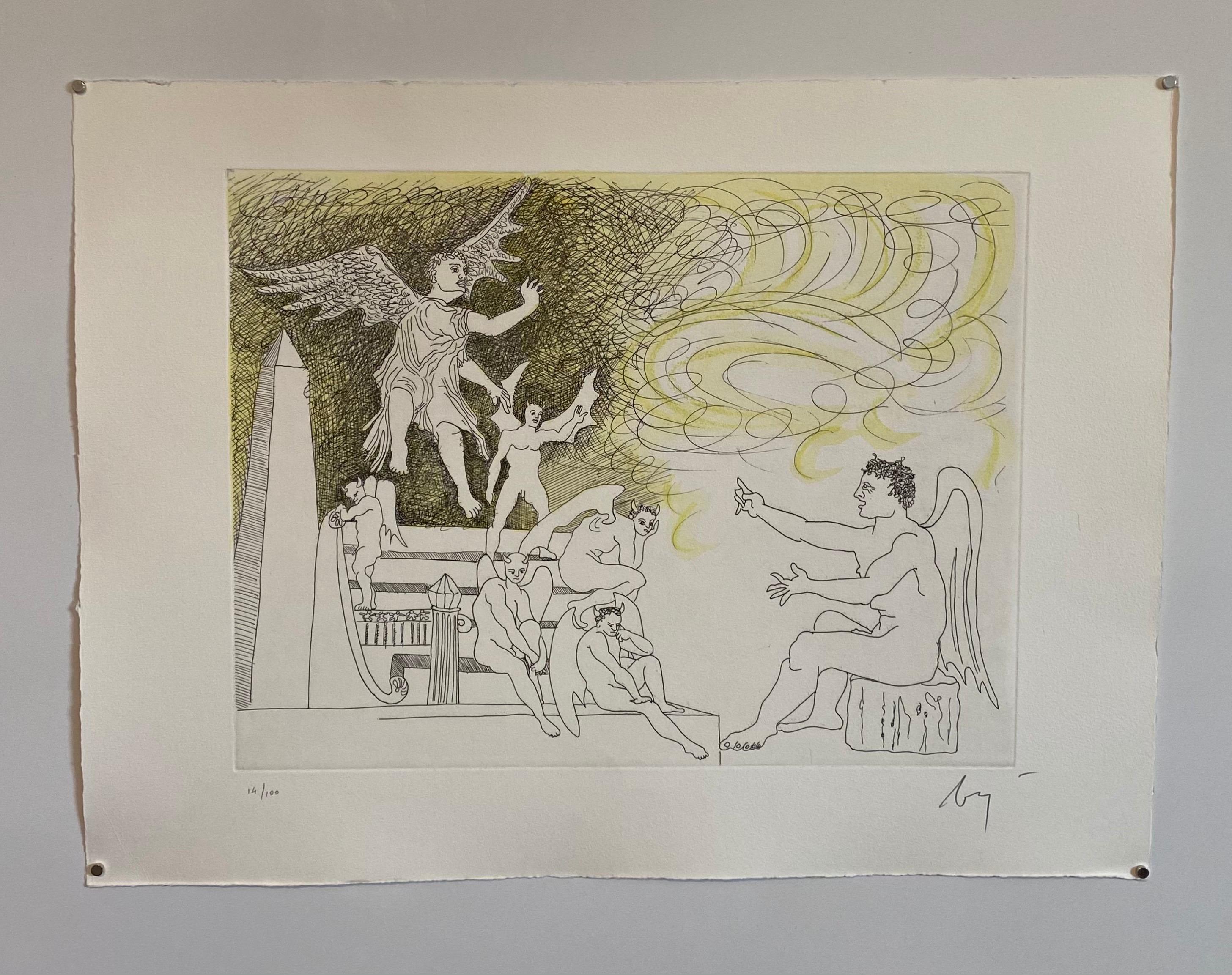 Aguafuerte Surrealista Italiano Enrico Baj Pop Art con Pintura Acuarela en venta 3