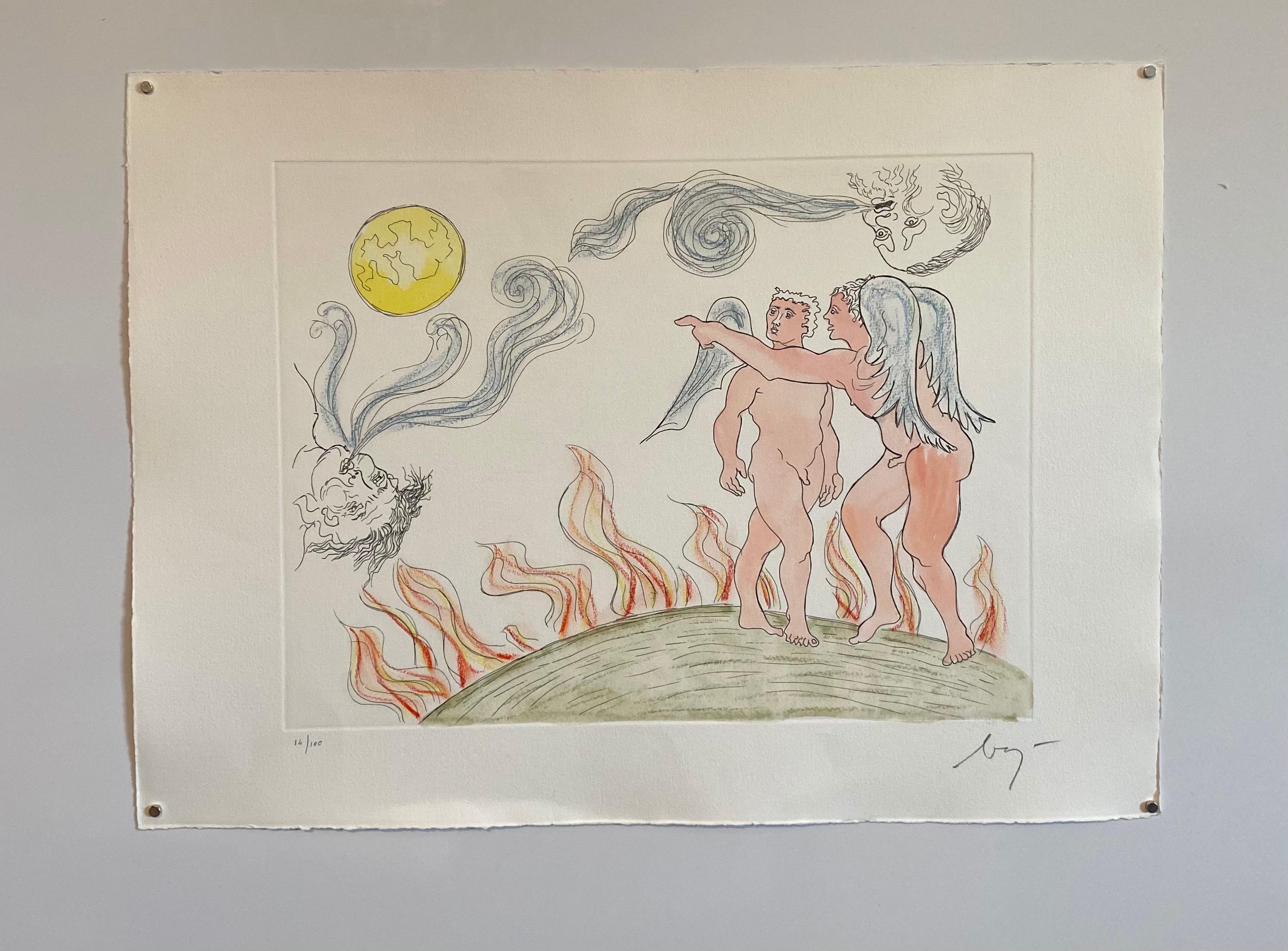 Italian Surrealist Aquatint Etching Enrico Baj Pop Art with Watercolor Painting For Sale 1