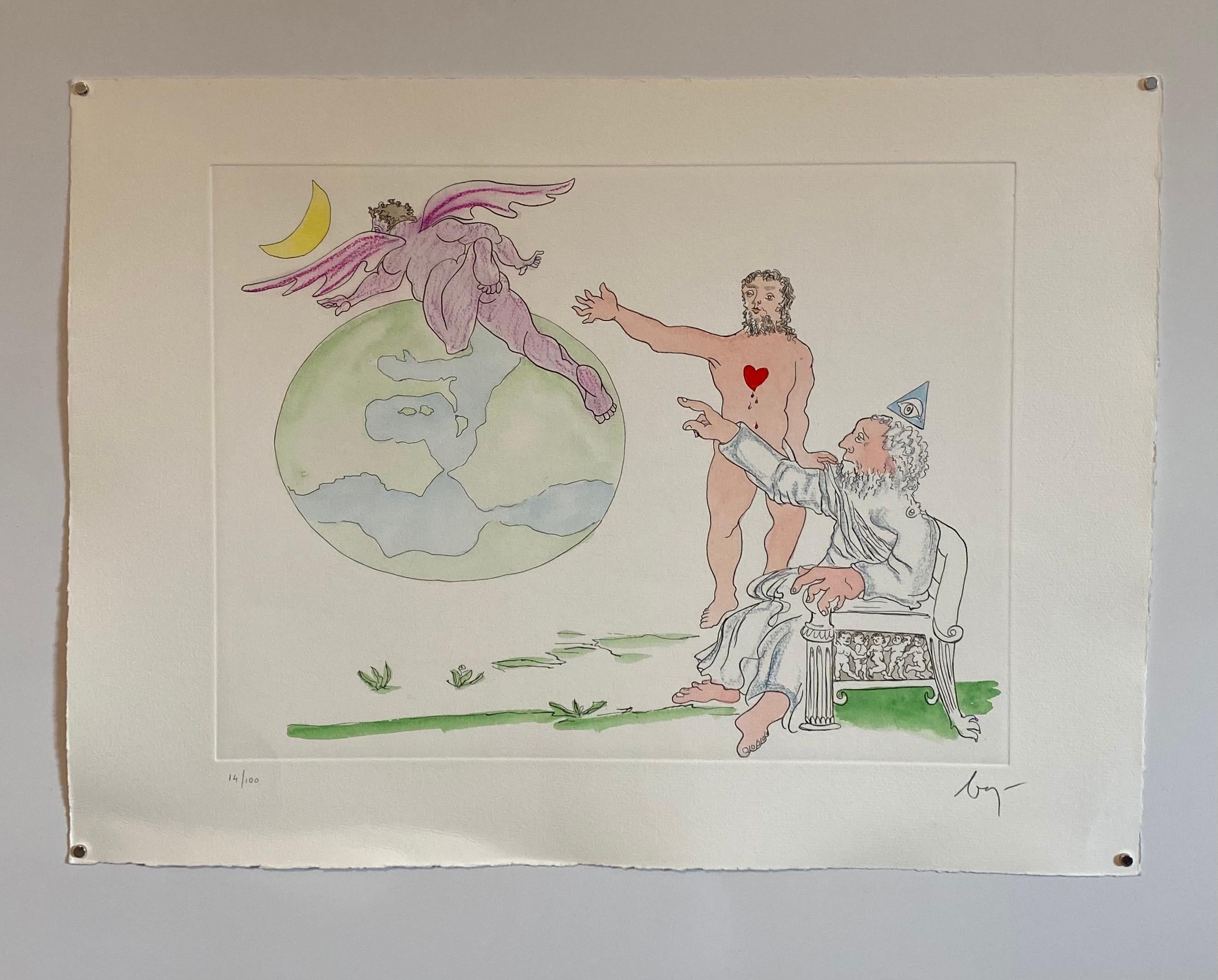 Italian Surrealist Aquatint Etching Enrico Baj Pop Art with Watercolor Painting For Sale 1