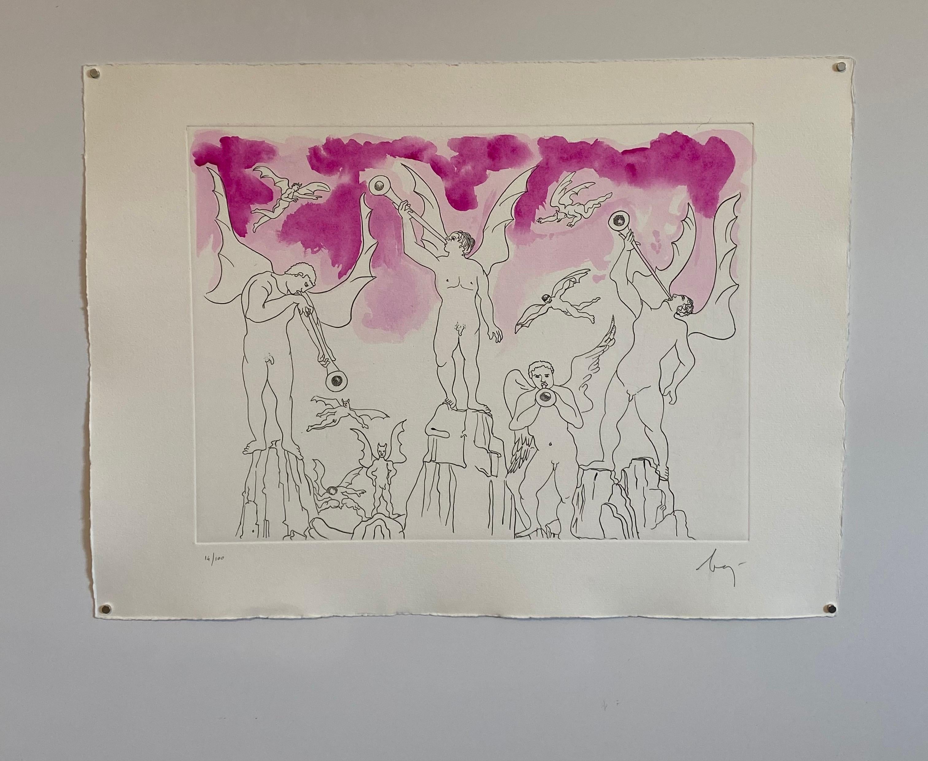 Aguafuerte Surrealista Italiano Enrico Baj Pop Art con Pintura Acuarela en venta 4