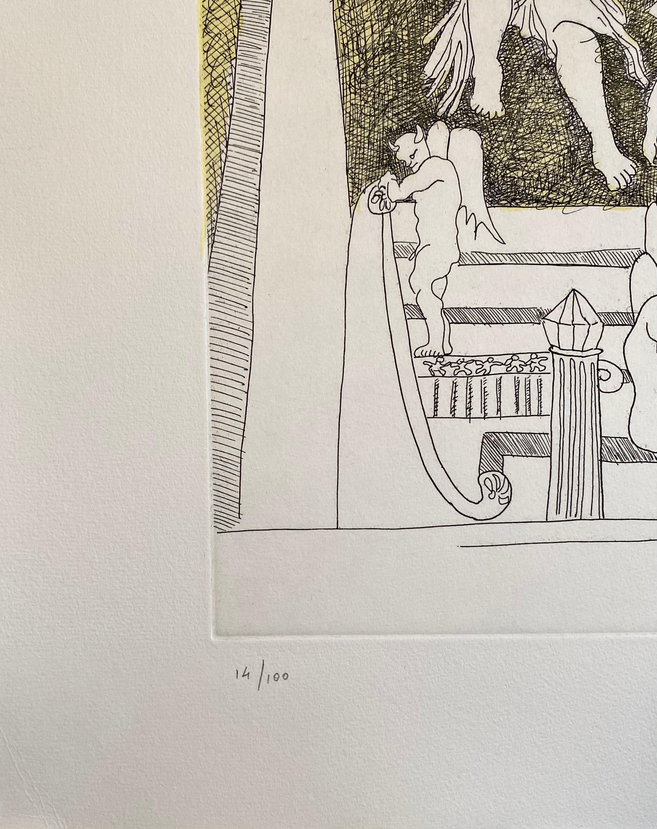 Aguafuerte Surrealista Italiano Enrico Baj Pop Art con Pintura Acuarela en venta 5