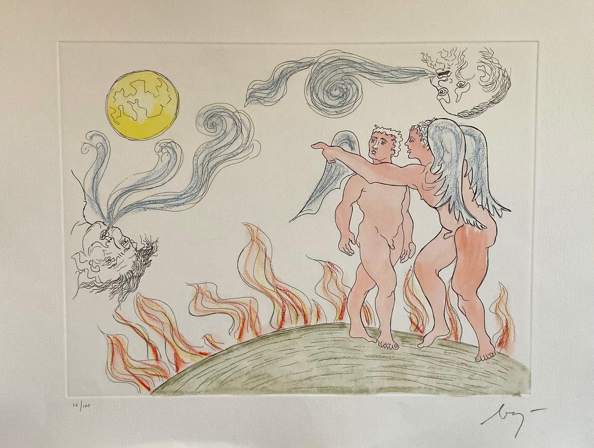 Enrico Baj (1924-2003) Italien, impression à tirage limité. 
Signé et numéroté à la main au crayon, édition limitée à 100 exemplaires
Gravure à l'eau-forte avec l'ajout d'une aquarelle à la main. 
Taille de l'image : cm 39,5 x 29,5, feuille cm 53 x