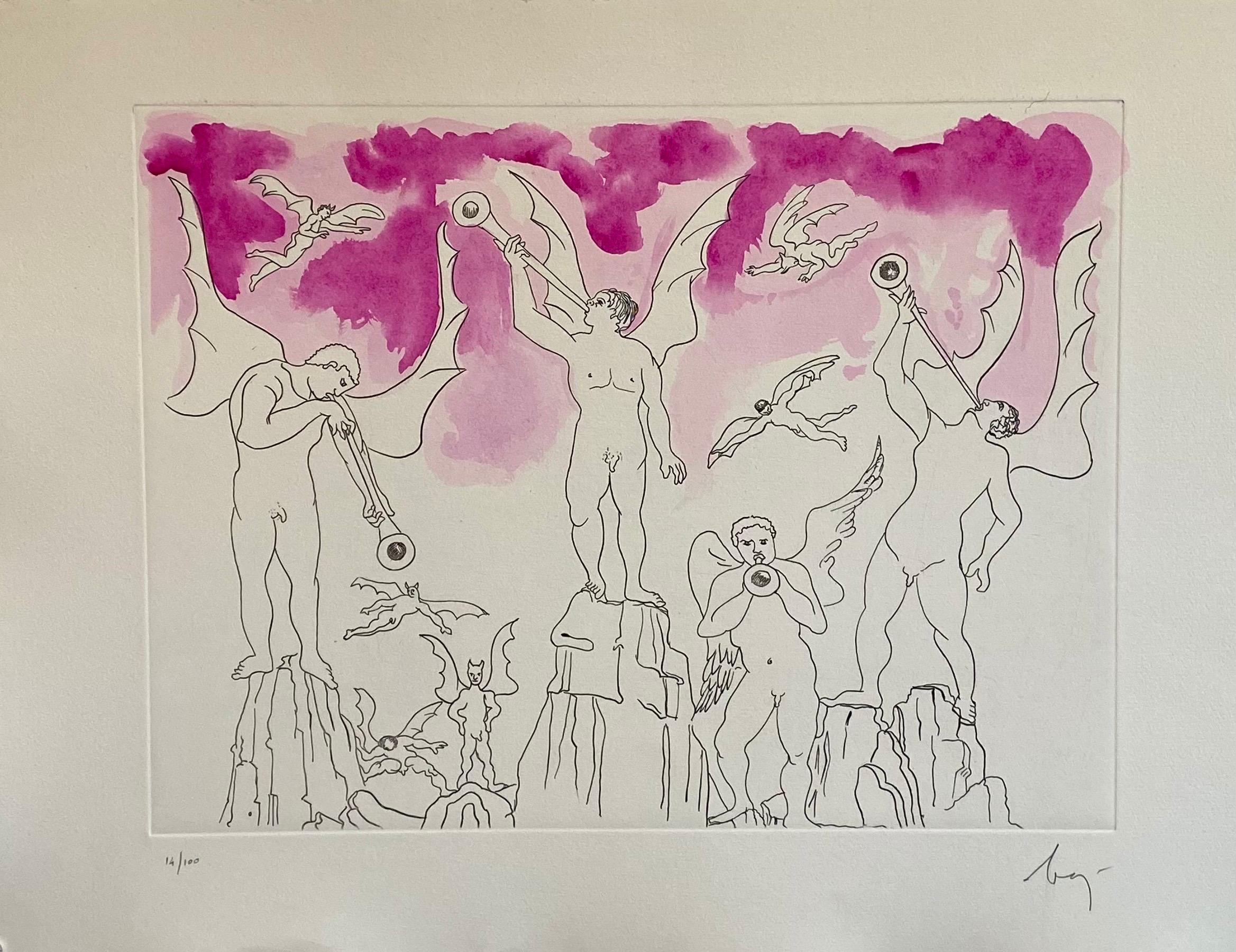 Gravure à l'aquatinte surréaliste italienne Enrico Baj Pop Art avec peinture à l'aquarelle